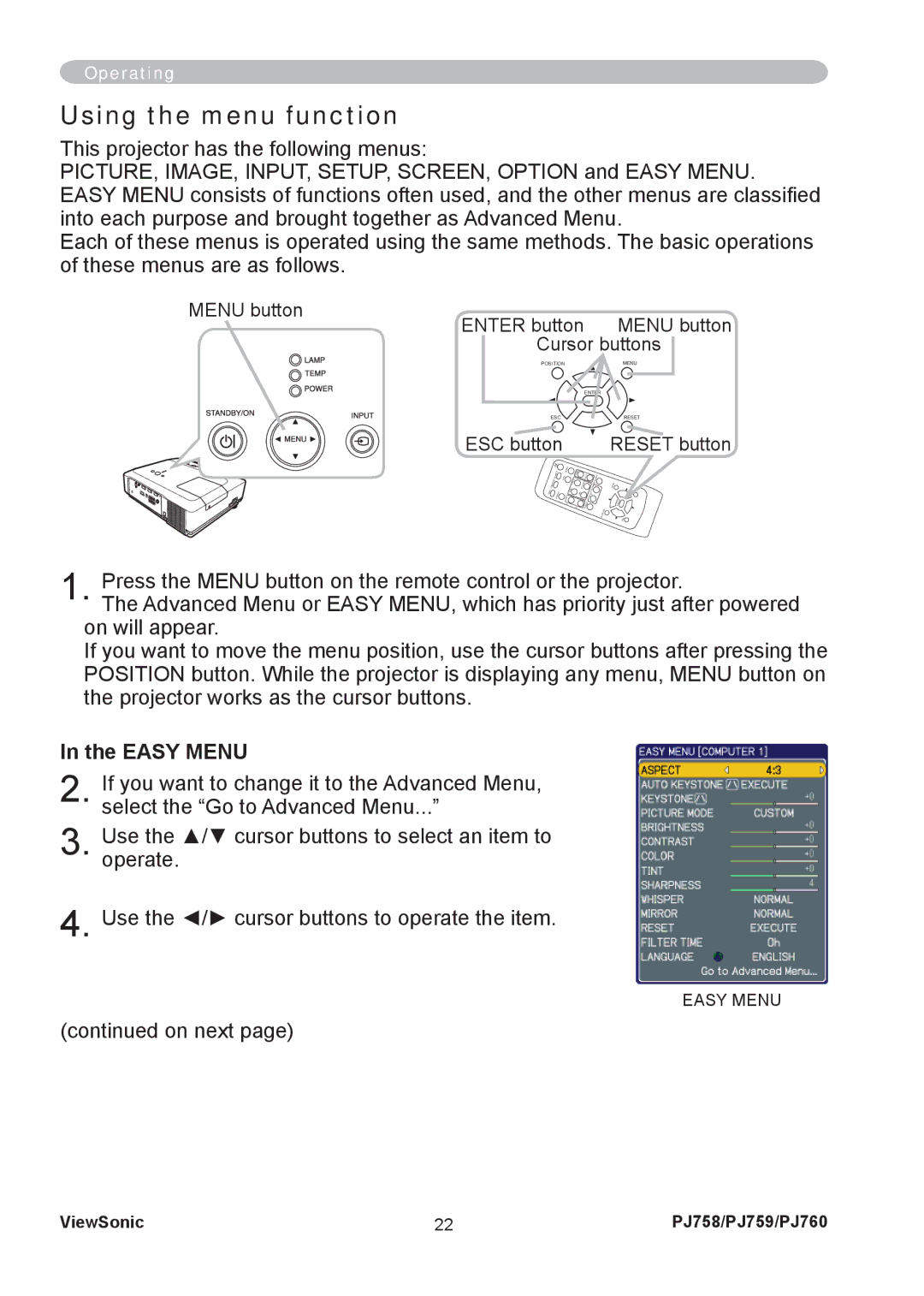 ViewSonic PJ758/PJ759/PJ760 manual Using the menu function, Easy Menu 