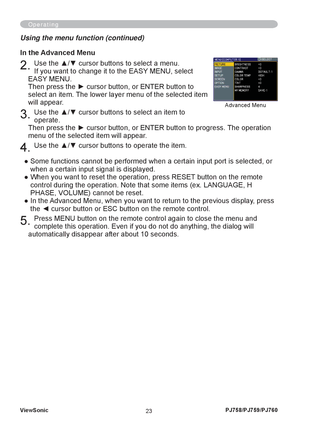 ViewSonic PJ758/PJ759/PJ760 manual Using the menu function, Advanced Menu 