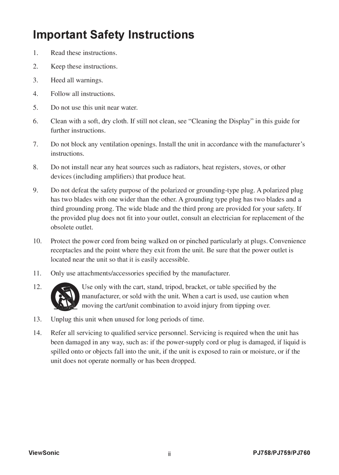 ViewSonic PJ758/PJ759/PJ760 manual Important Safety Instructions 