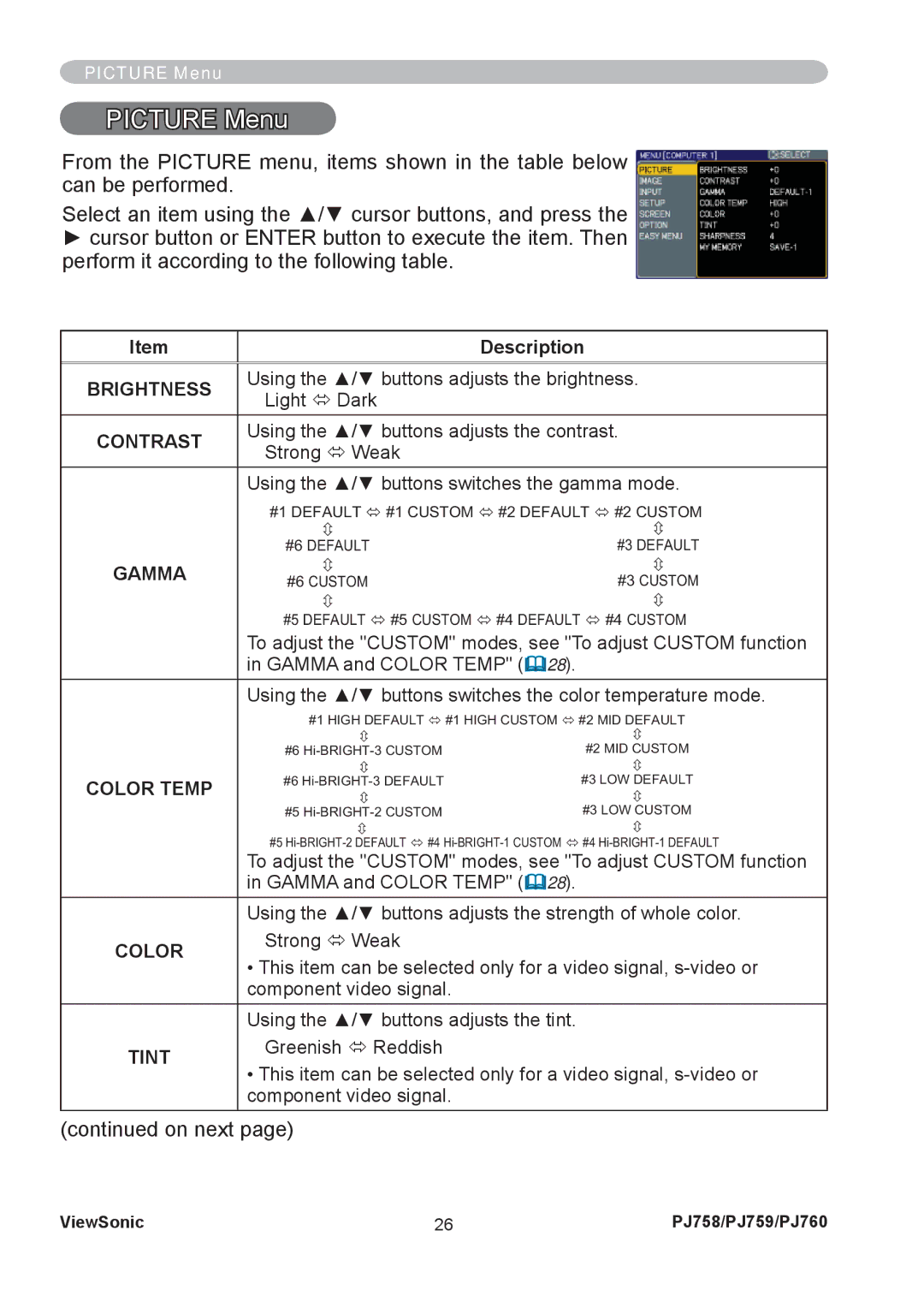 ViewSonic PJ758/PJ759/PJ760 manual Picture Menu, Gamma, Color Temp 