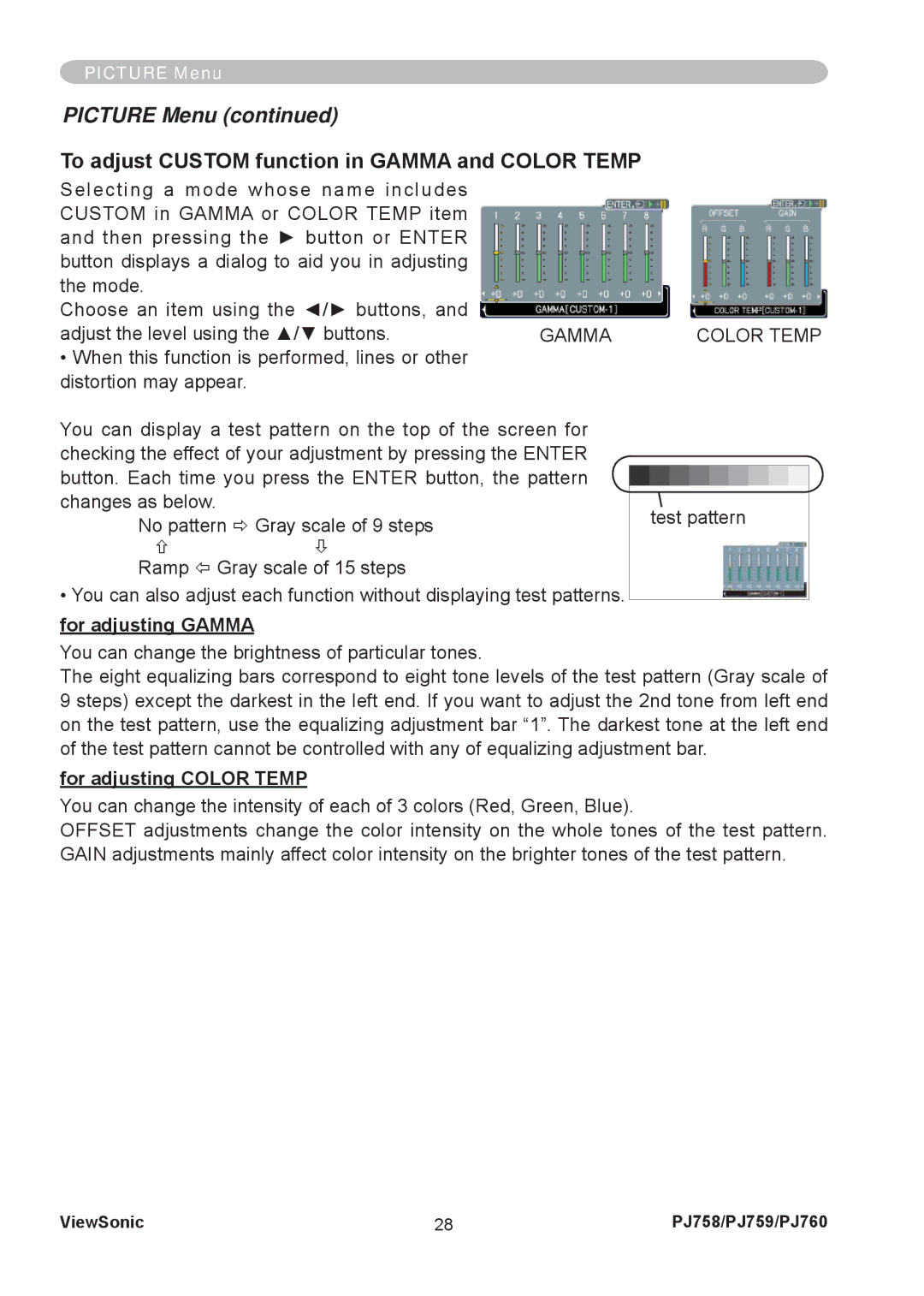 ViewSonic PJ758/PJ759/PJ760 manual To adjust Custom function in Gamma and Color Temp, Gamma Color Temp, For adjusting Gamma 