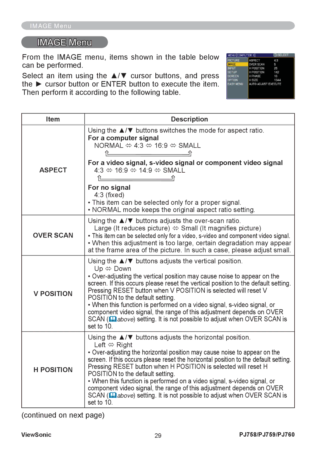 ViewSonic PJ758/PJ759/PJ760 manual Image Menu, For a computer signal, For no signal, Over Scan, Position 