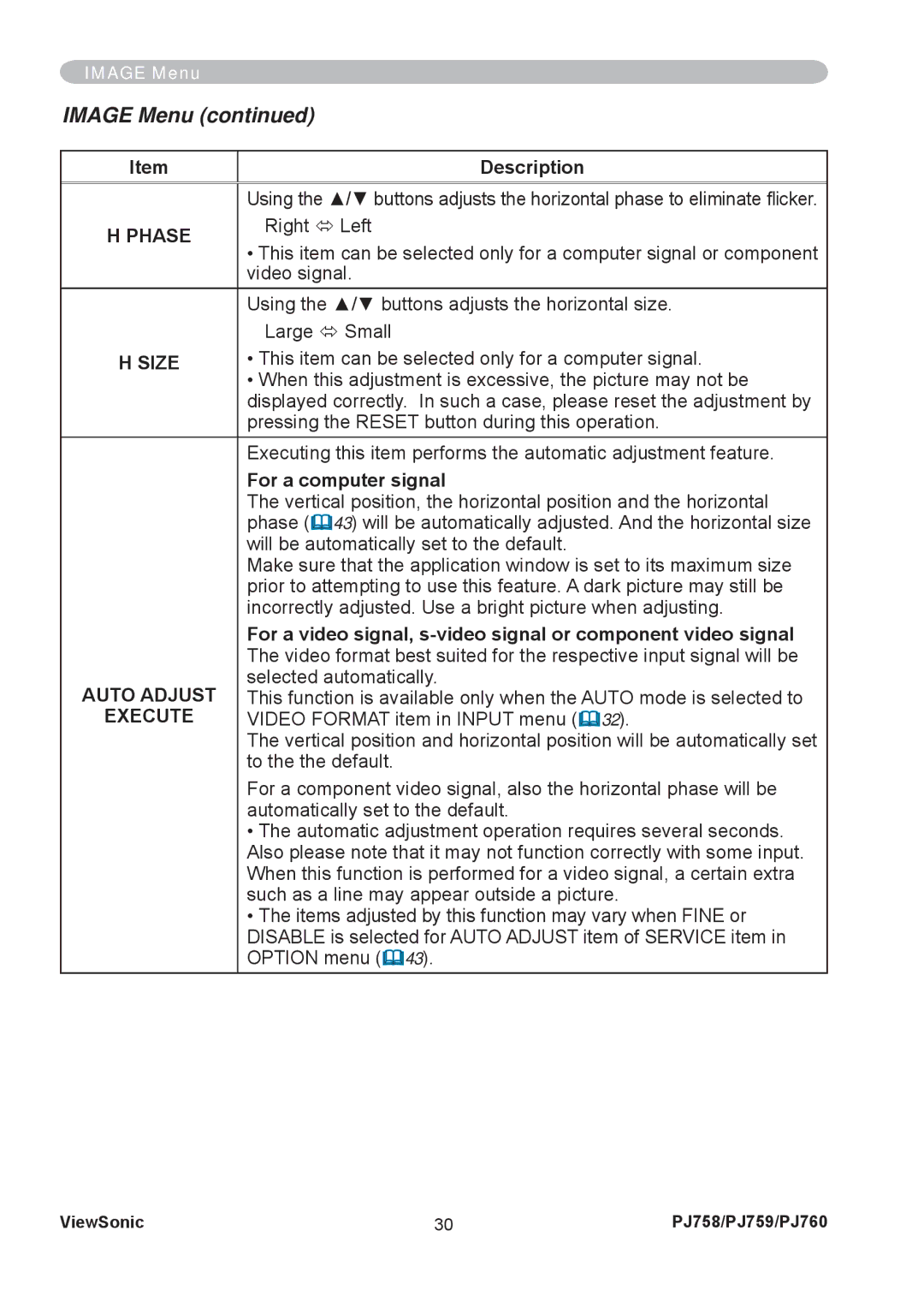 ViewSonic PJ758/PJ759/PJ760 manual Image Menu, Phase, Size, Auto Adjust 