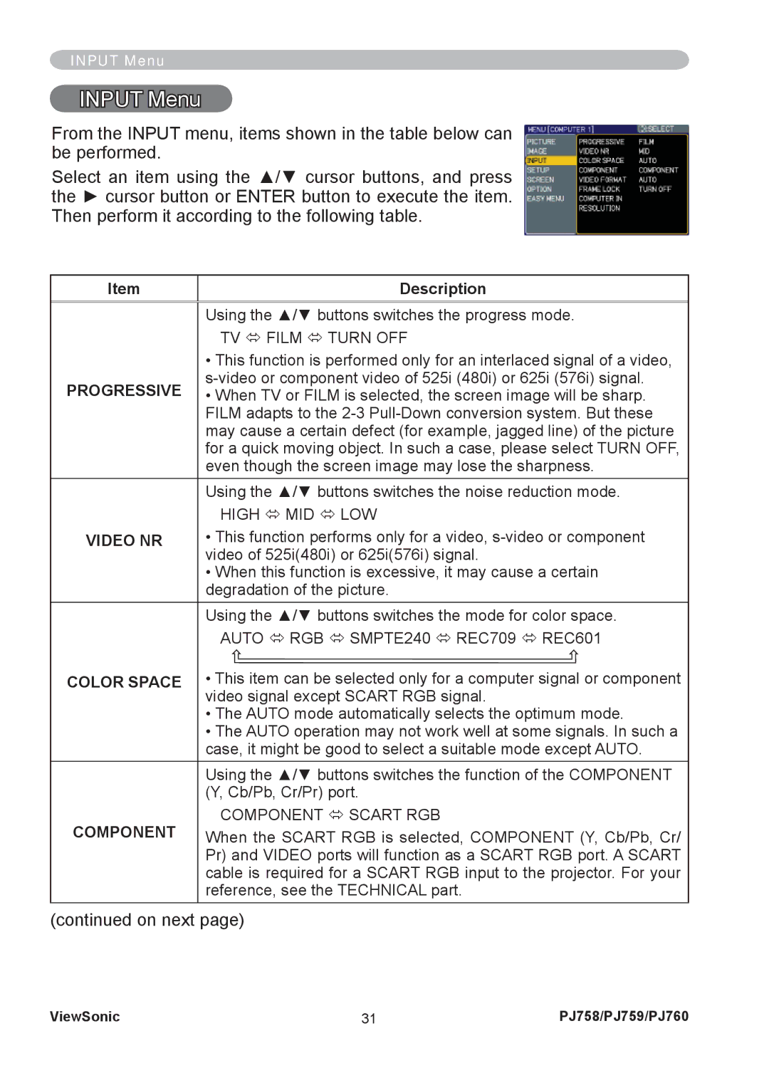 ViewSonic PJ758/PJ759/PJ760 manual Input Menu, Progressive, Video NR, Color Space, Component 