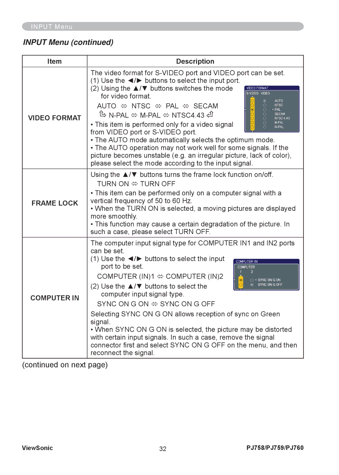ViewSonic PJ758/PJ759/PJ760 manual Input Menu, Video Format, Frame Lock, Computer 