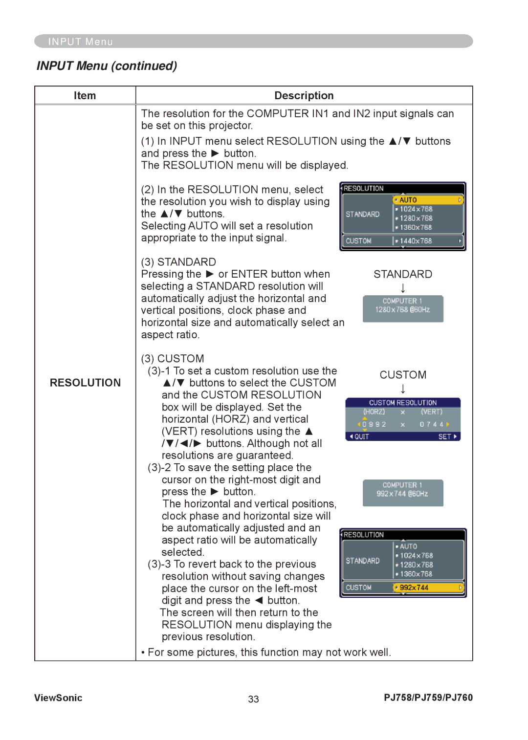 ViewSonic PJ758/PJ759/PJ760 manual Resolution, Standard Custom 