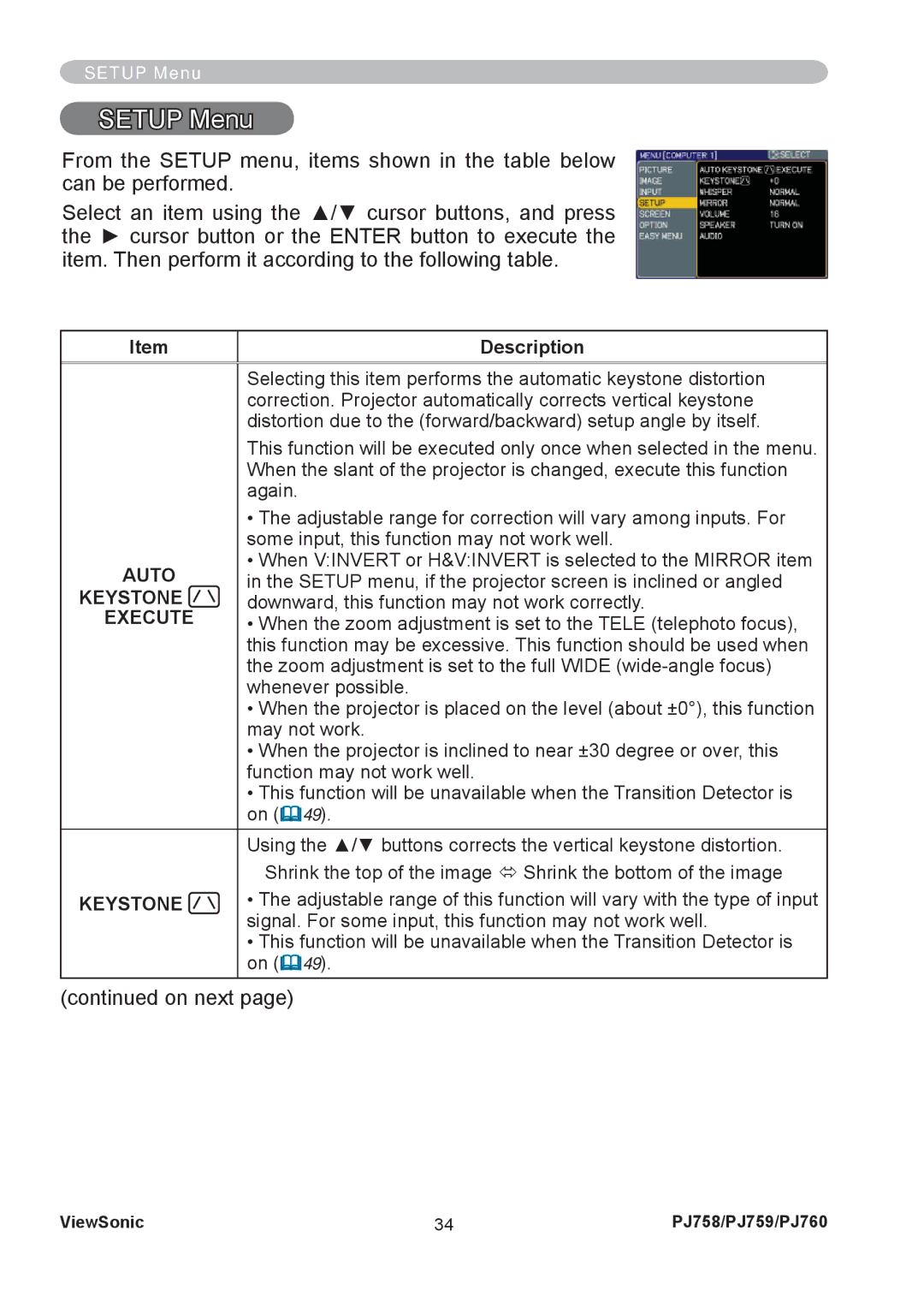 ViewSonic PJ758/PJ759/PJ760 manual Setup Menu, Auto 