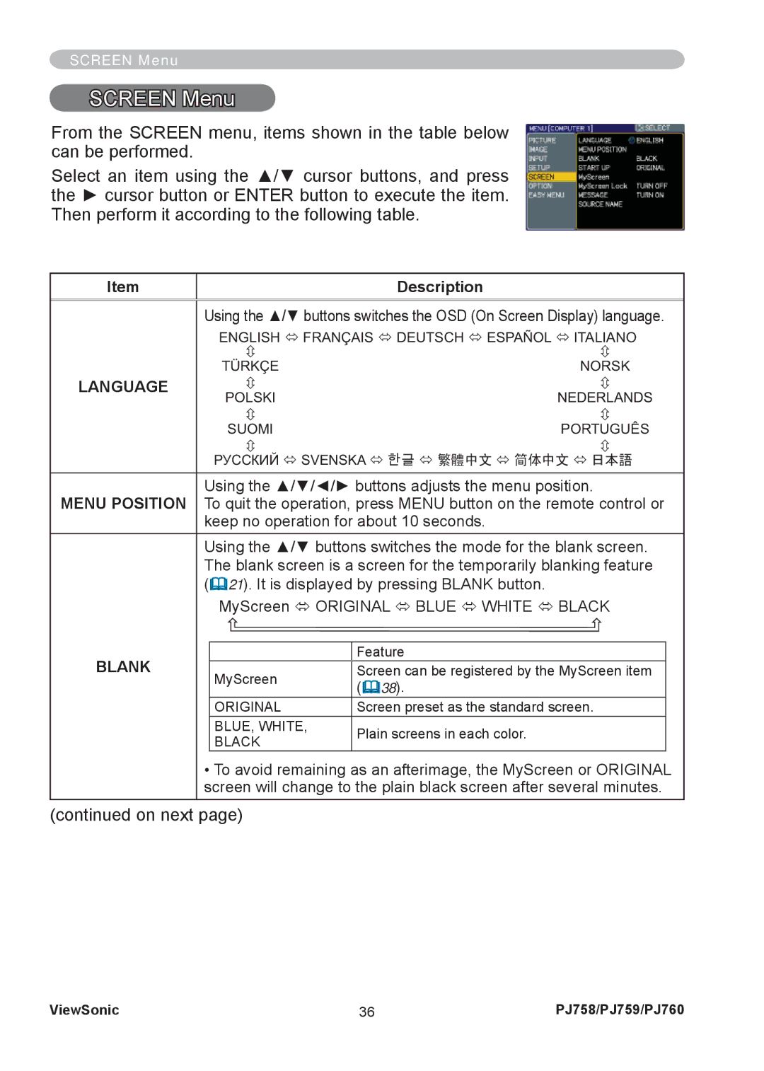 ViewSonic PJ758/PJ759/PJ760 manual Screen Menu, Blank 