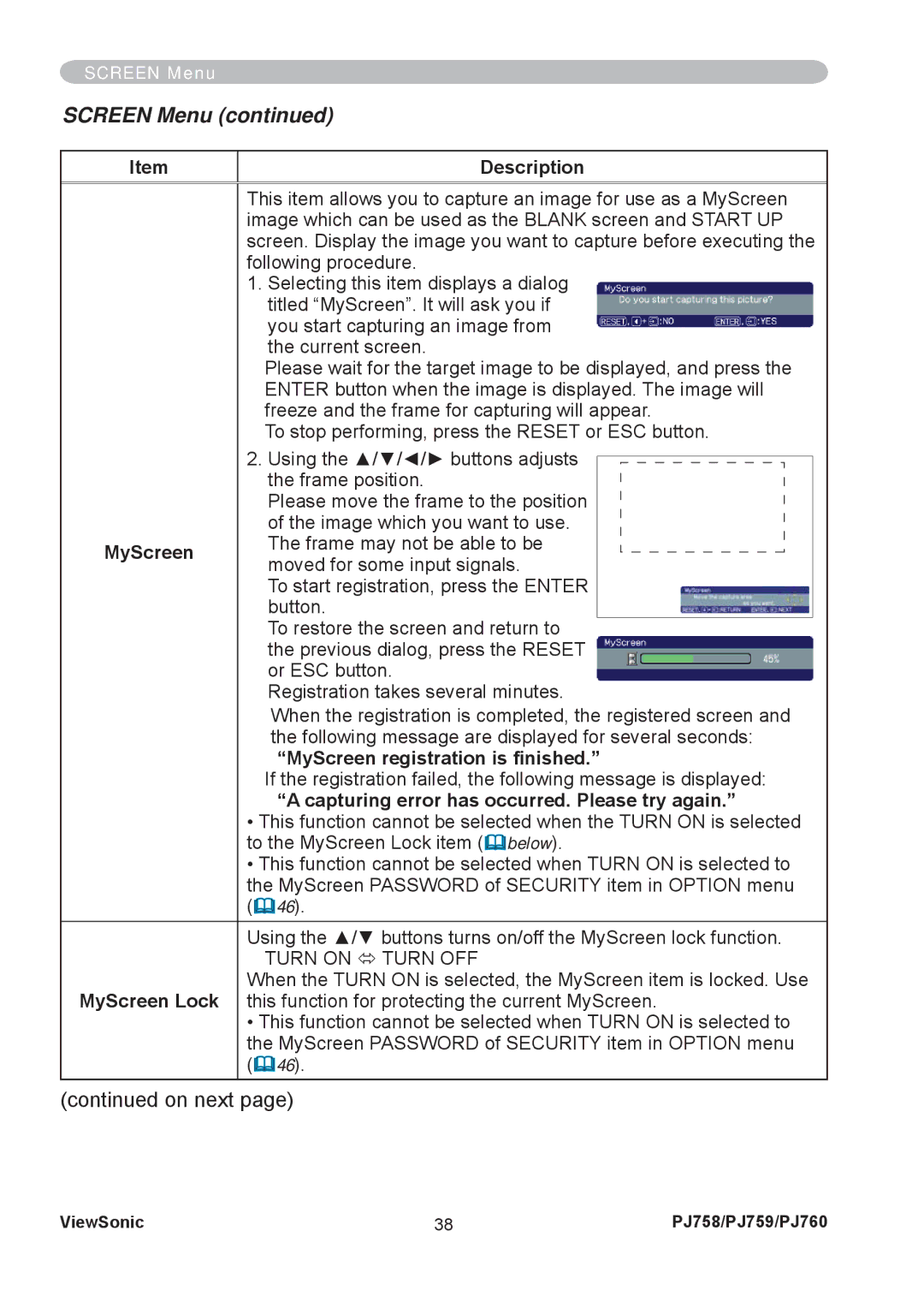 ViewSonic PJ758/PJ759/PJ760 manual MyScreen registration is ﬁnished, Capturing error has occurred. Please try again 