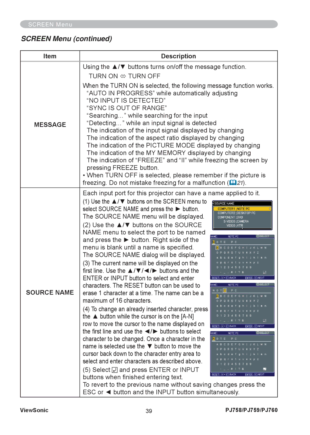 ViewSonic PJ758/PJ759/PJ760 manual No Input is Detected, Sync is OUT of Range, Message, Source Name 