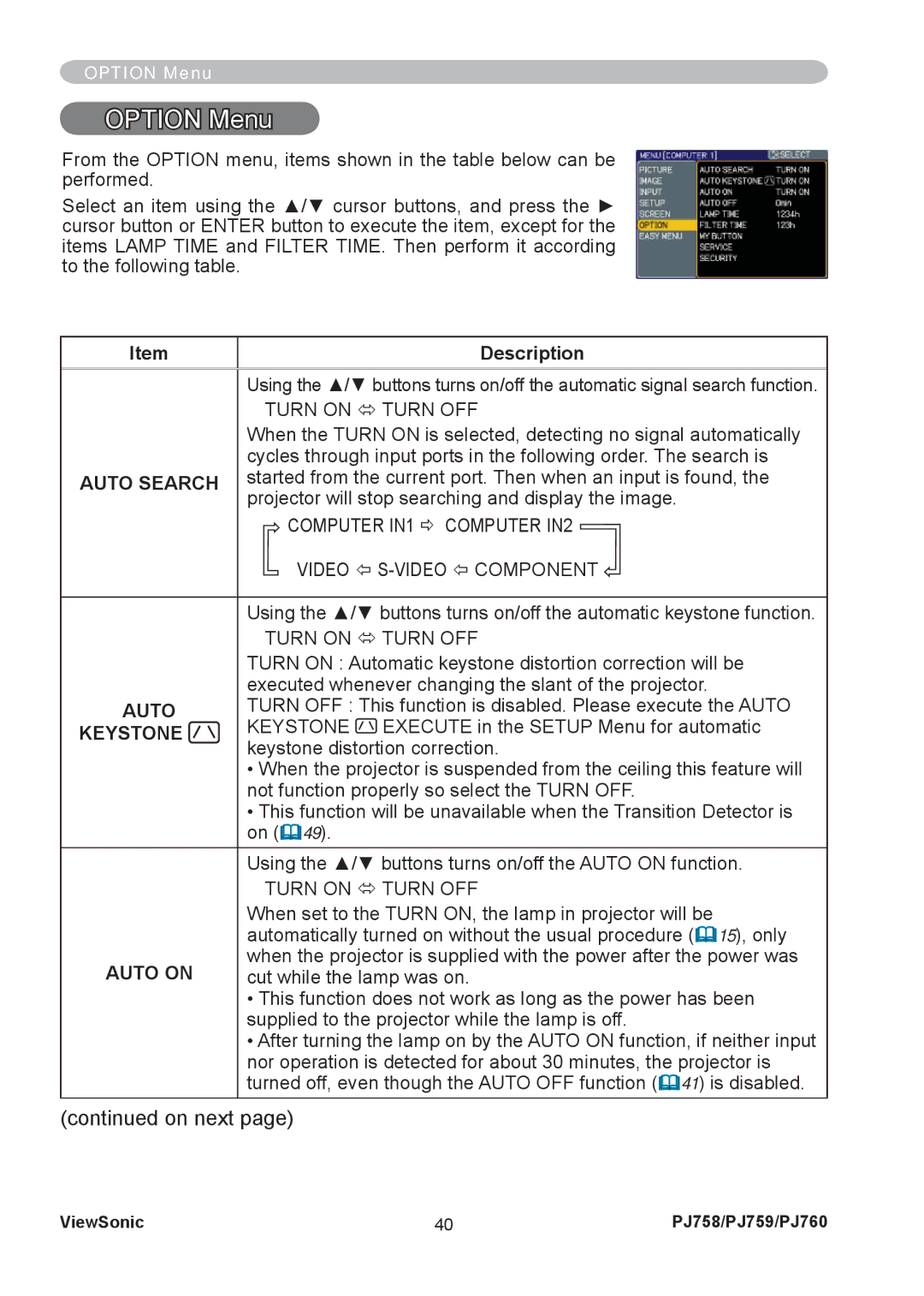 ViewSonic PJ758/PJ759/PJ760 Option Menu, Auto Search, Computer IN1 Ö Computer IN2, Video Õ S-VIDEO Õ Component, Auto on 