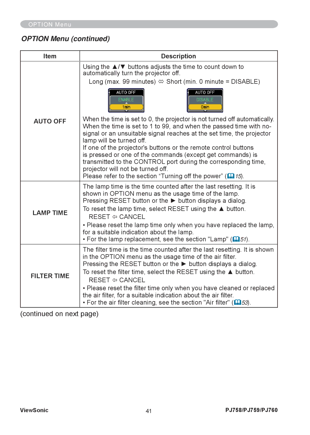 ViewSonic PJ758/PJ759/PJ760 manual Option Menu, Auto OFF, Lamp Time, Reset Õ Cancel 