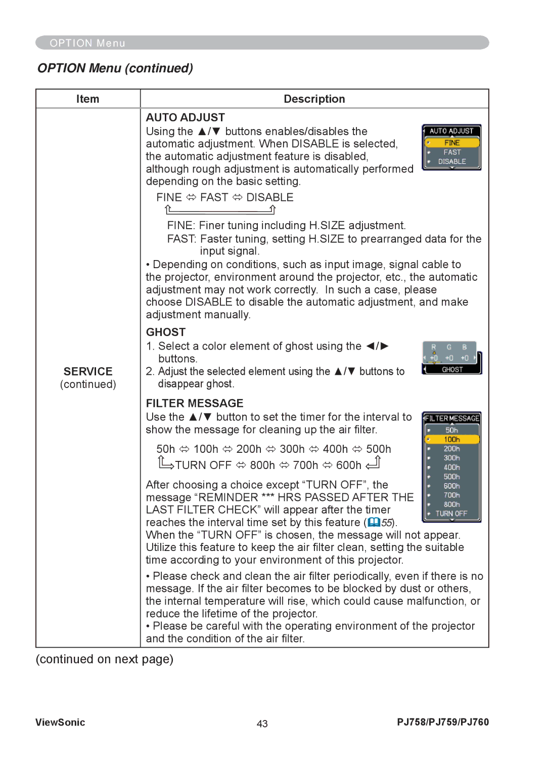 ViewSonic PJ758/PJ759/PJ760 manual Fine Ù Fast Ù Disable, Ghost, Filter Message 
