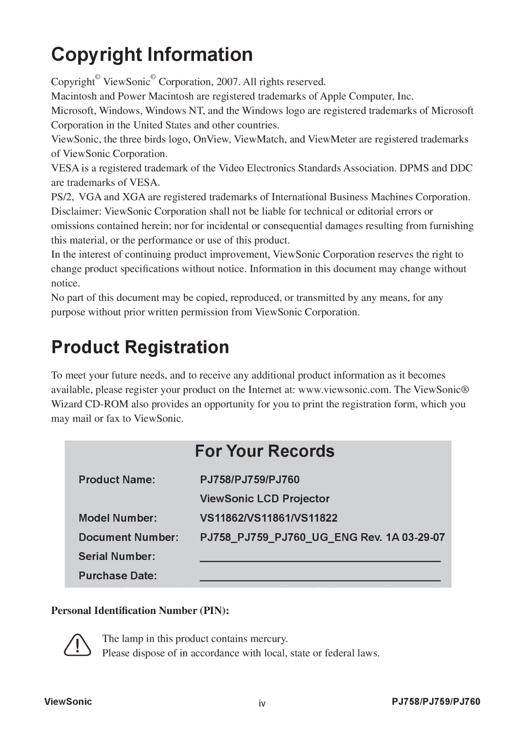 ViewSonic PJ758/PJ759/PJ760 manual Copyright Information, Serial Number Purchase Date 