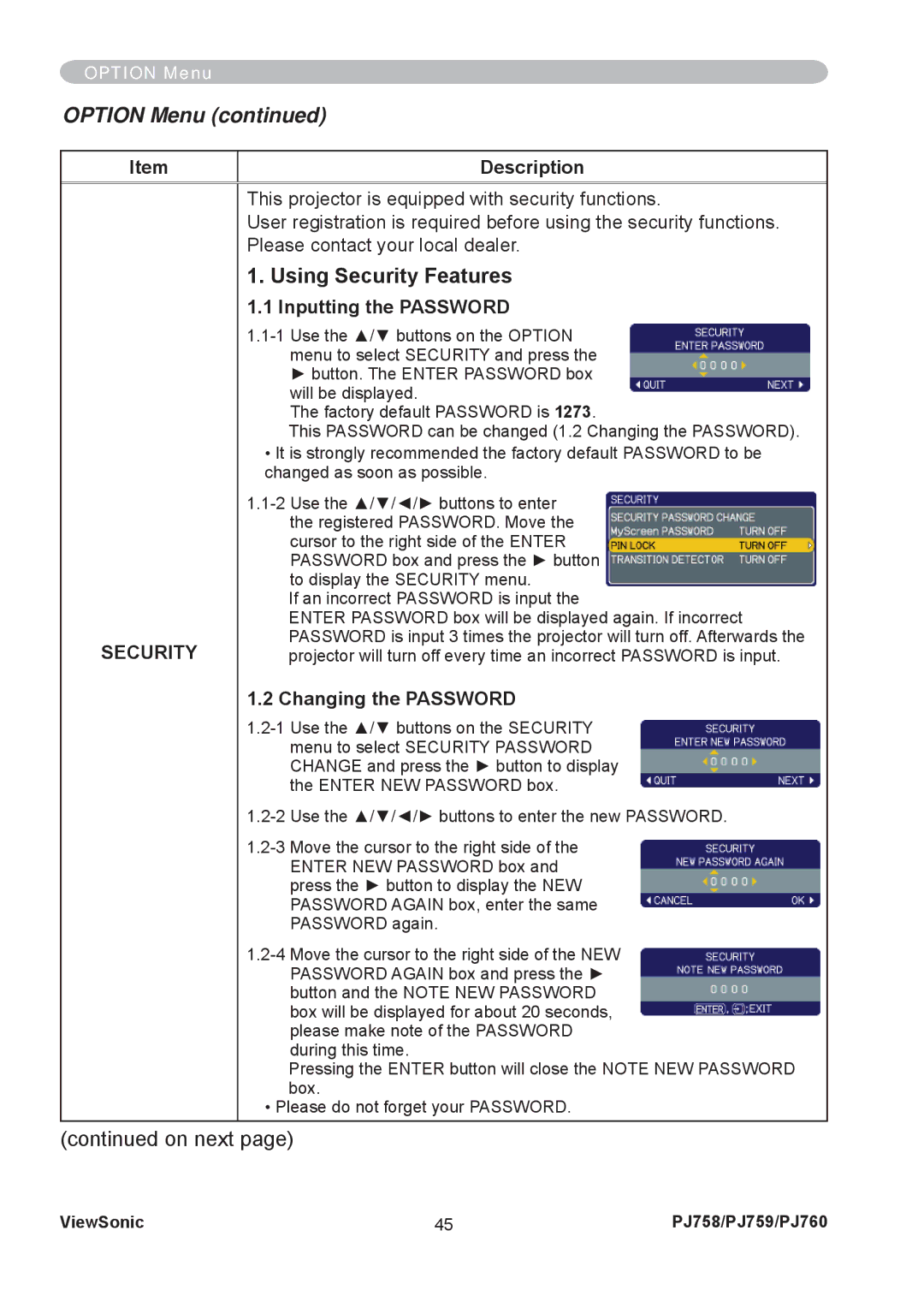 ViewSonic PJ758/PJ759/PJ760 manual Using Security Features, Inputting the Password, Changing the Password 