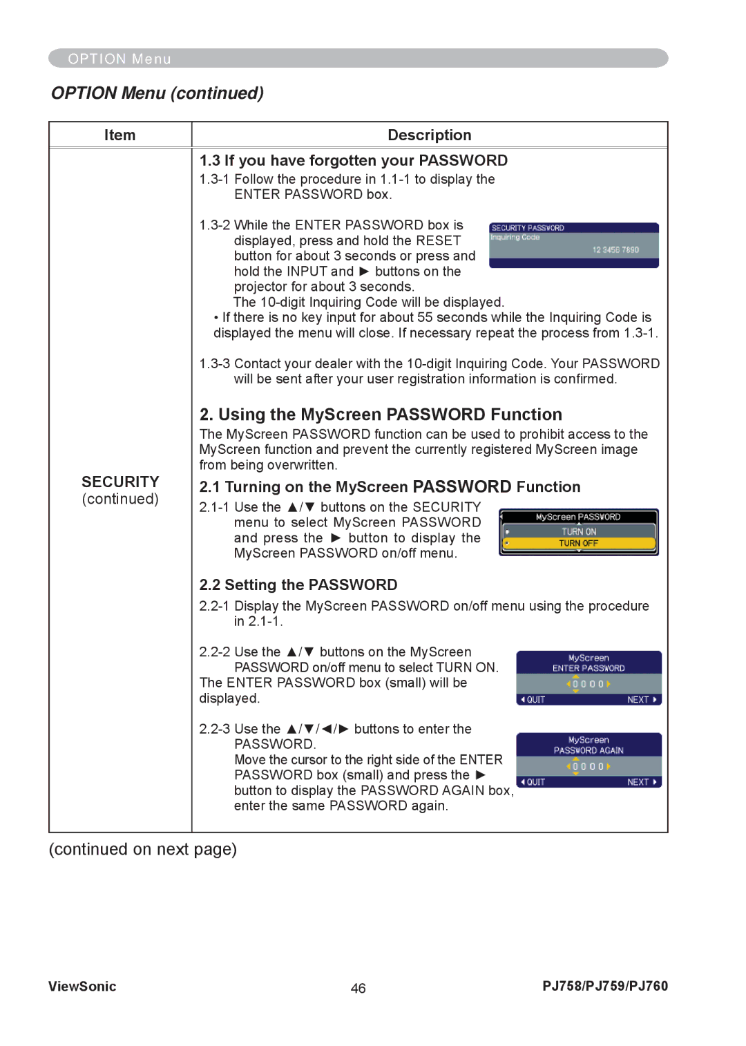 ViewSonic PJ758/PJ759/PJ760 manual Using the MyScreen Password Function, If you have forgotten your Password 