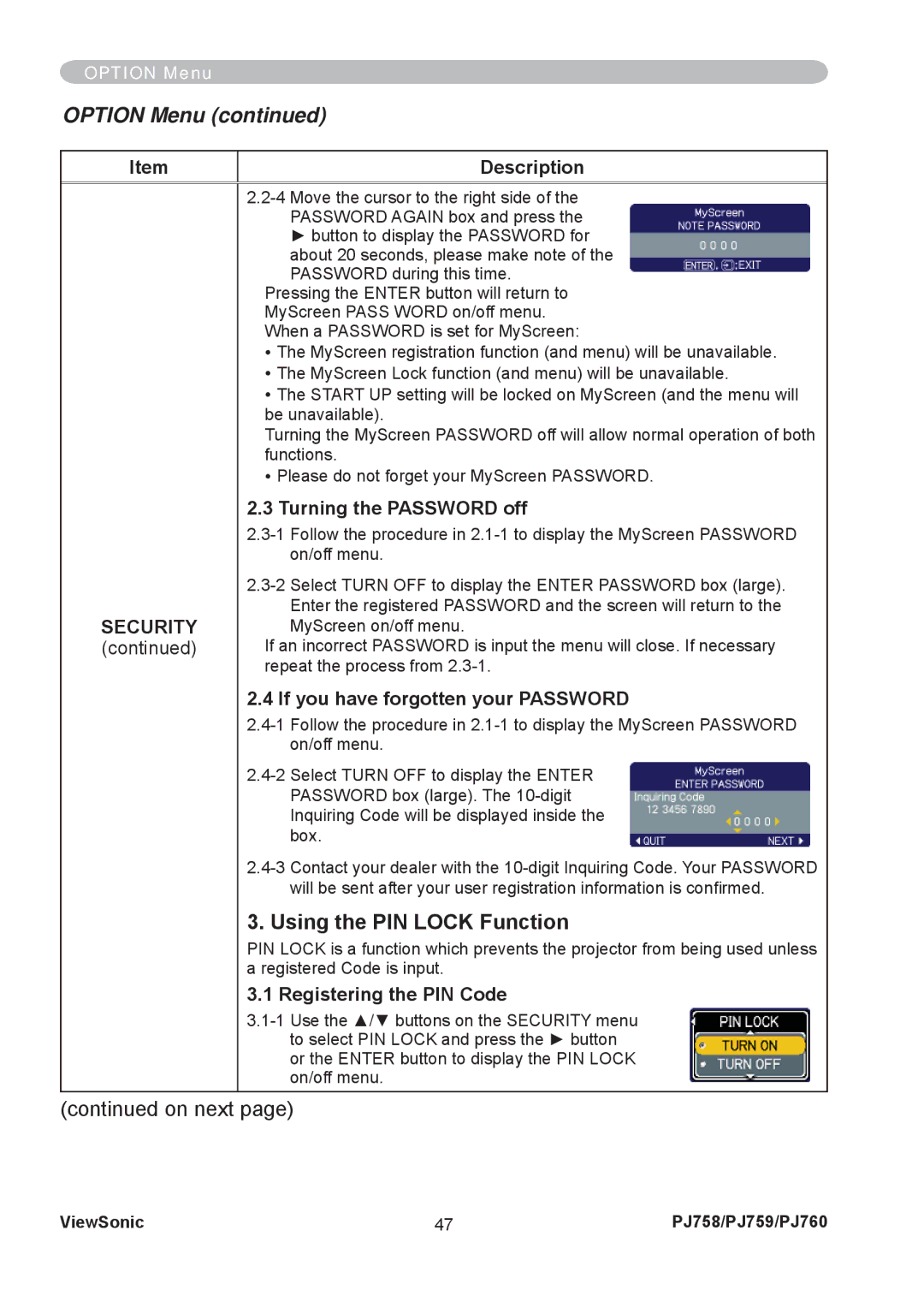 ViewSonic PJ758/PJ759/PJ760 manual Using the PIN Lock Function, Turning the Password off, Registering the PIN Code 