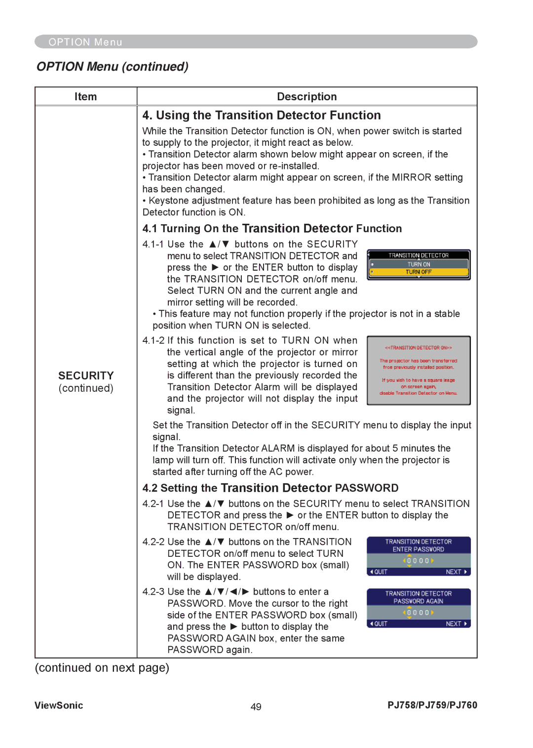 ViewSonic PJ758/PJ759/PJ760 manual Using the Transition Detector Function, Turning On the Transition Detector Function 