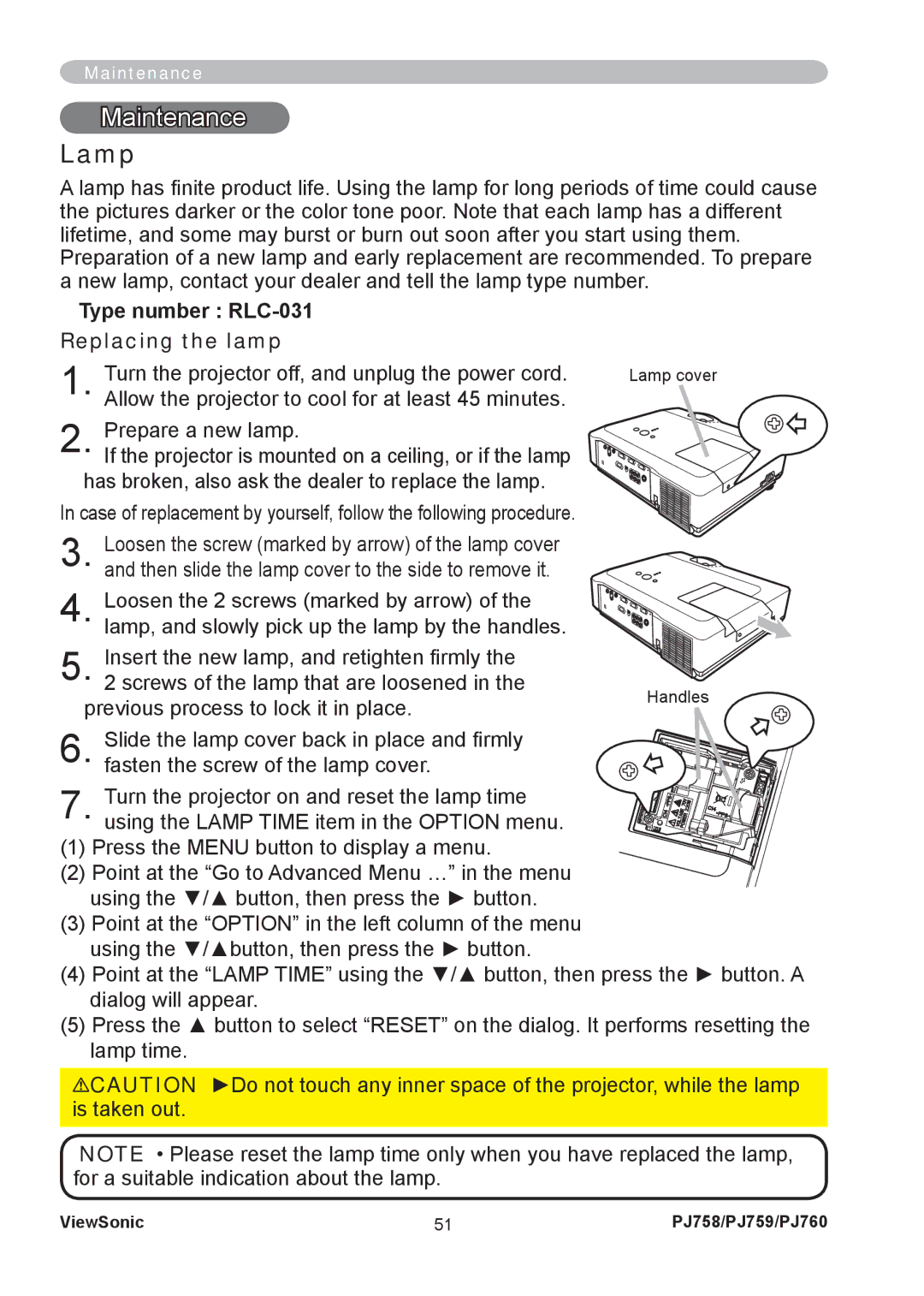 ViewSonic PJ758/PJ759/PJ760 manual Maintenance, Lamp, Type number RLC-031 Replacing the lamp 