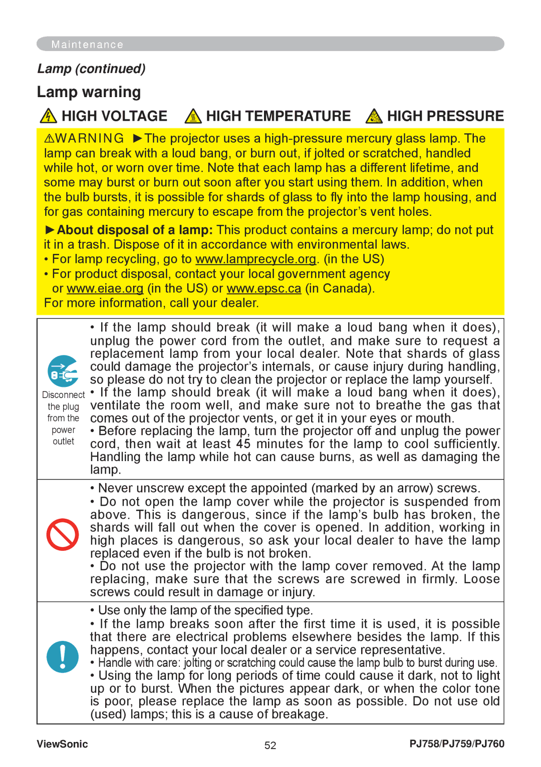 ViewSonic PJ758/PJ759/PJ760 manual Lamp warning 