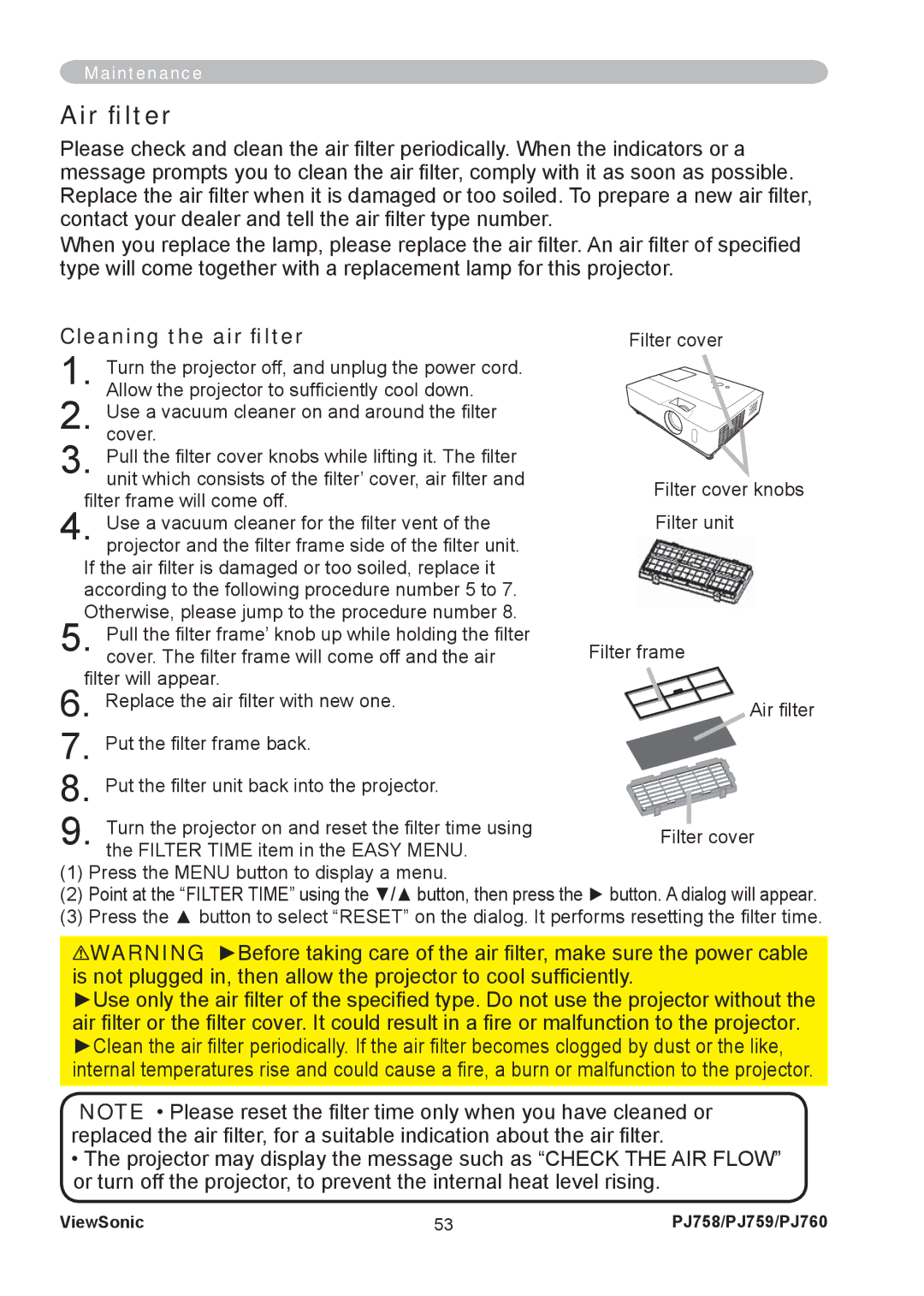 ViewSonic PJ758/PJ759/PJ760 manual Air ﬁlter, Cleaning the air ﬁlter 
