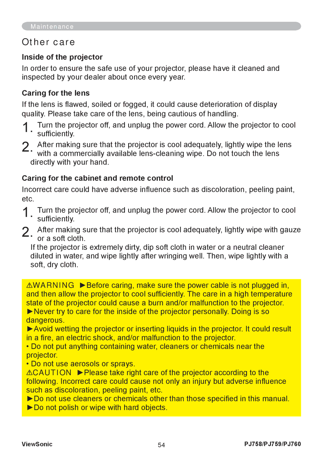 ViewSonic PJ758/PJ759/PJ760 manual Other care, Inside of the projector, Caring for the lens 