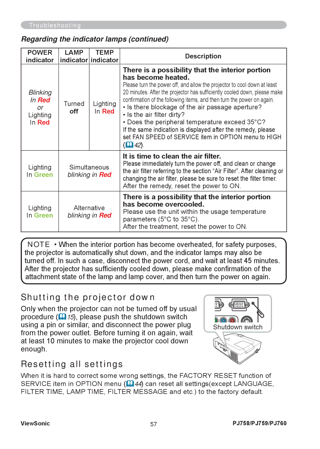 ViewSonic PJ758/PJ759/PJ760 manual Shutting the projector down, Resetting all settings 