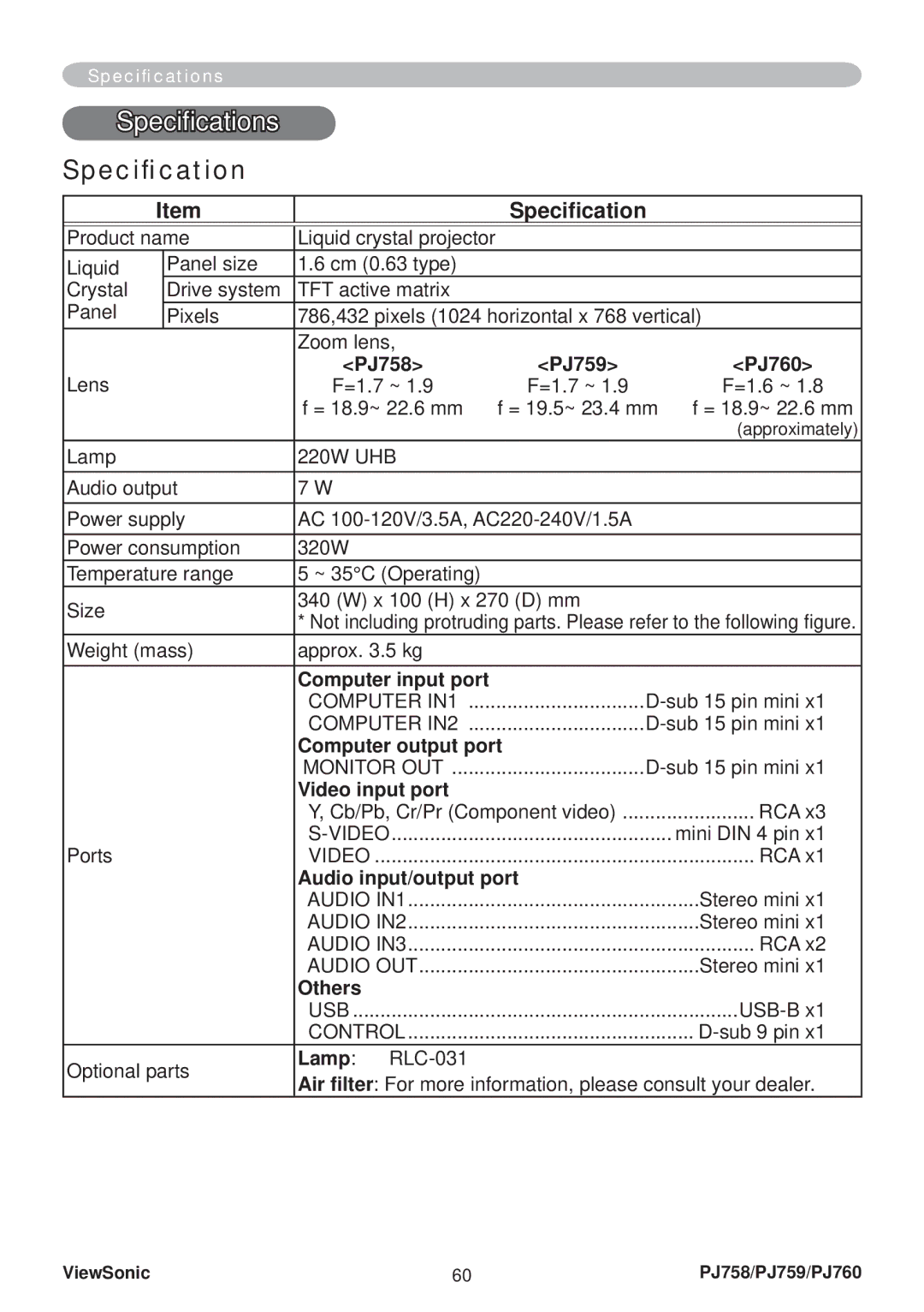 ViewSonic PJ758/PJ759/PJ760 manual Speciﬁcations 