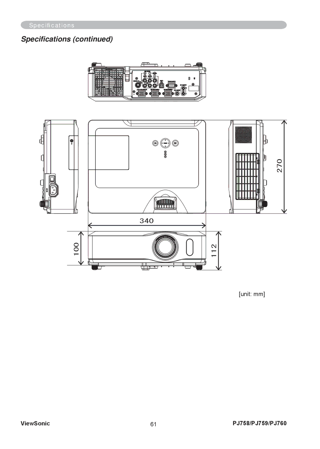 ViewSonic PJ758/PJ759/PJ760 manual Speciﬁcations 