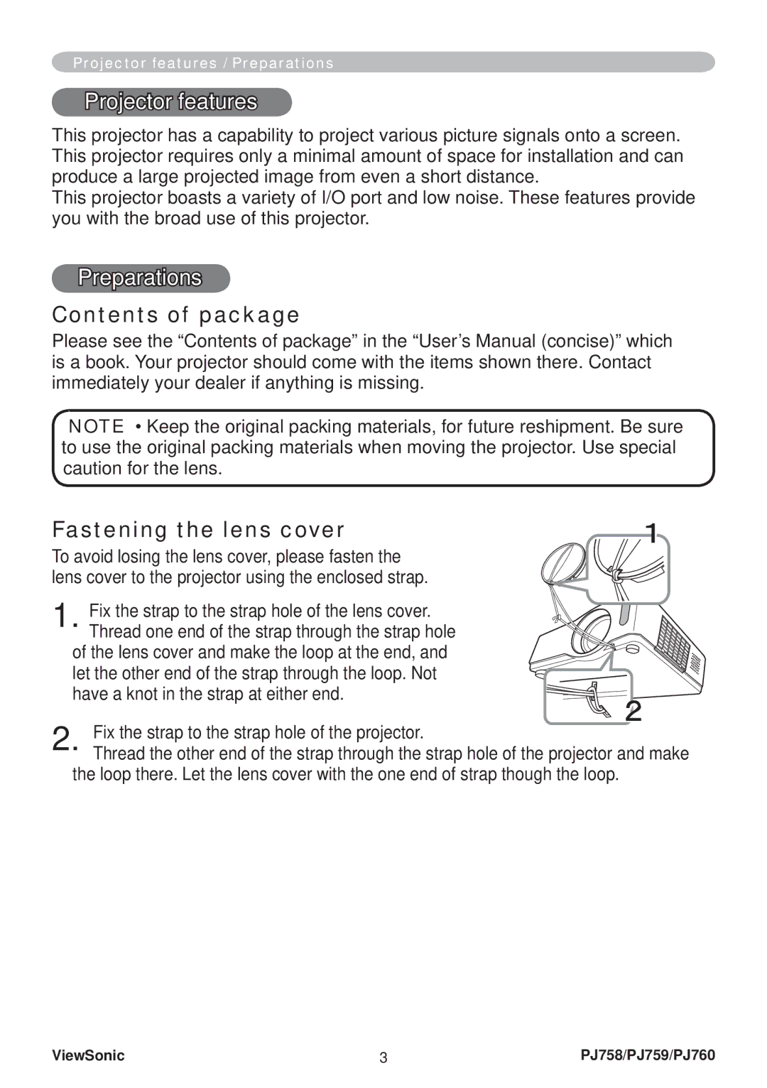 ViewSonic PJ758/PJ759/PJ760 manual Contents of package, Fastening the lens cover 