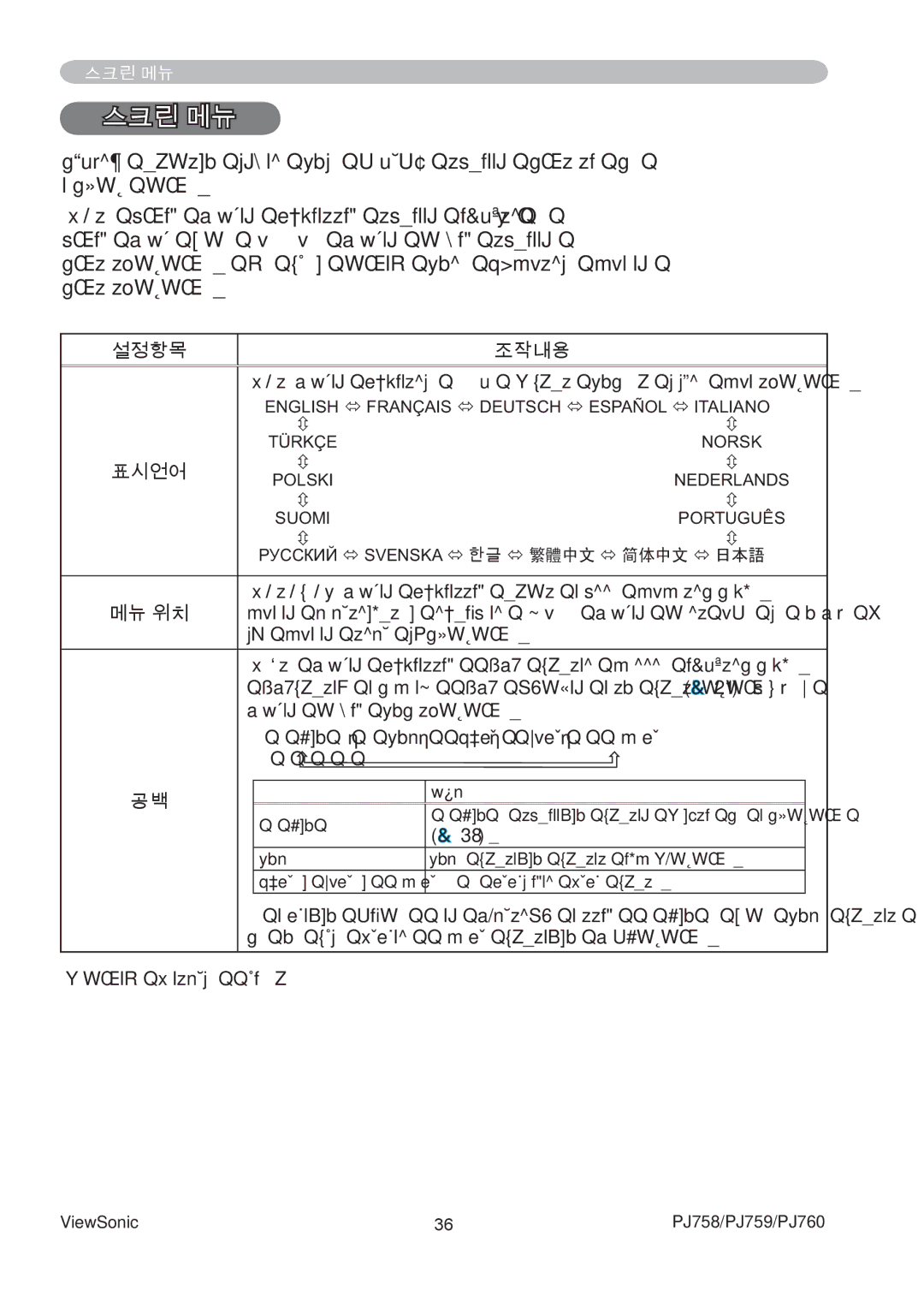 ViewSonic PJ760, PJ759 manual 스크린 메뉴 