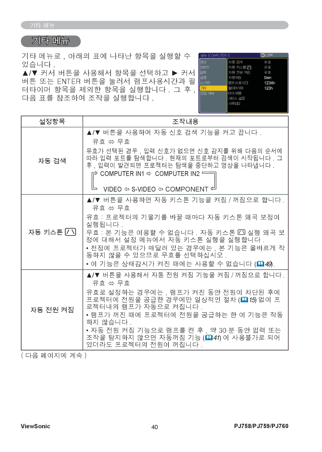 ViewSonic PJ760, PJ759 manual 기타 메뉴, Computer IN1 Ö Computer IN2 Video Õ S-VIDEO Õ Component 