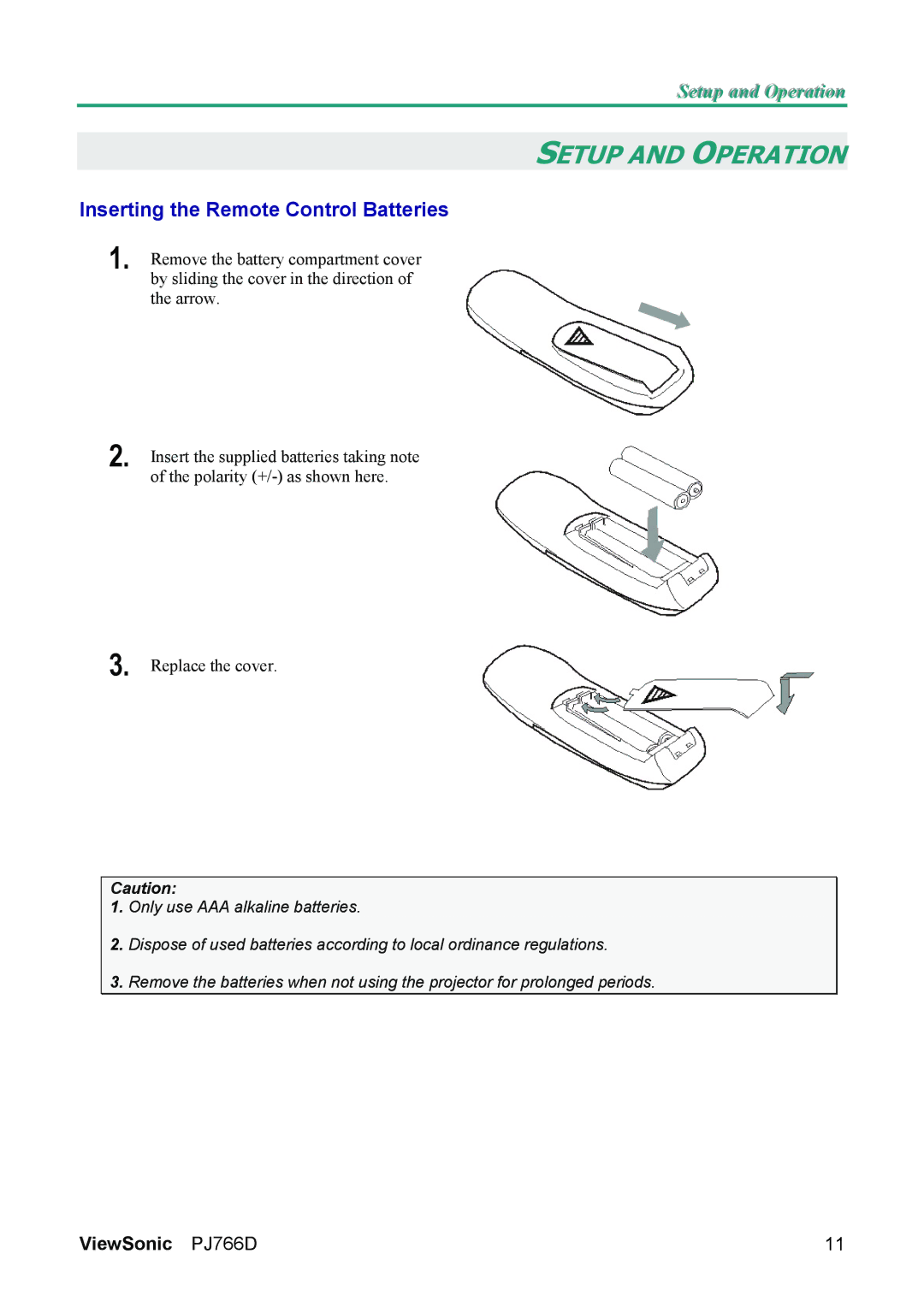 ViewSonic PJ766D-1 manual Setup and Operation, Inserting the Remote Control Batteries 