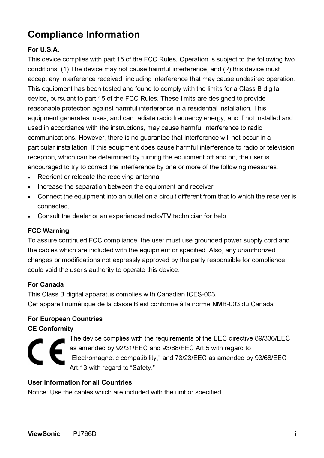 ViewSonic PJ766D-1 manual Compliance Information 