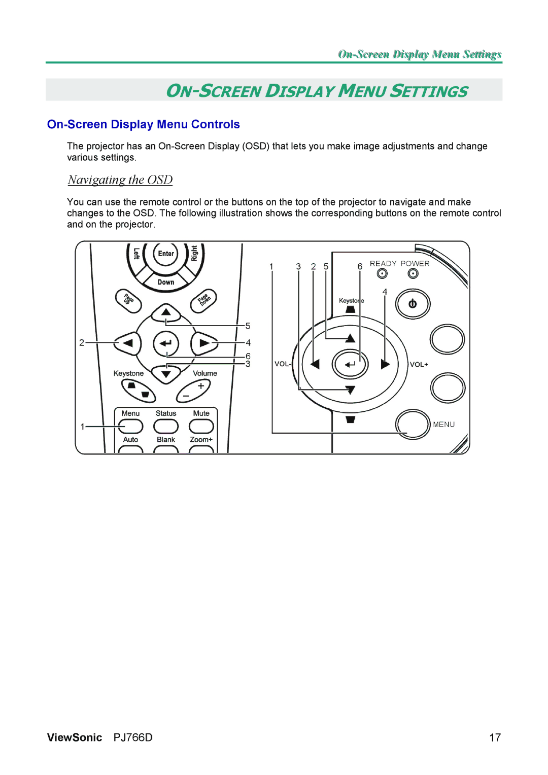 ViewSonic PJ766D-1 manual Navigating the OSD, On-Screen Display Menu Controls 