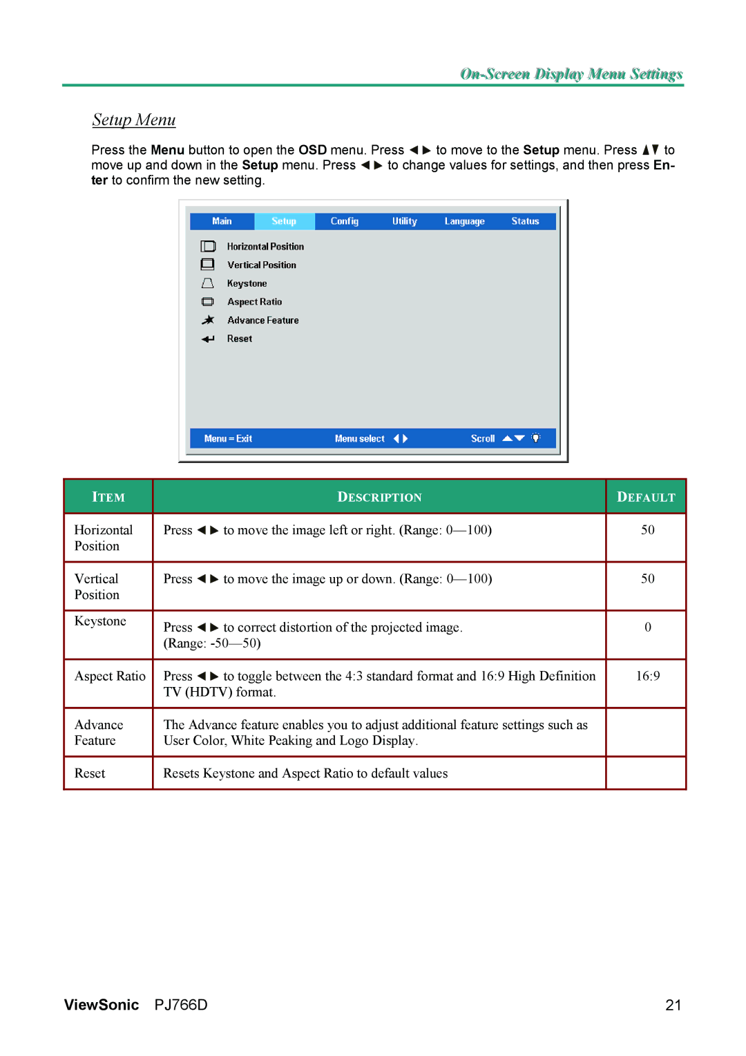 ViewSonic PJ766D-1 manual Setup Menu 