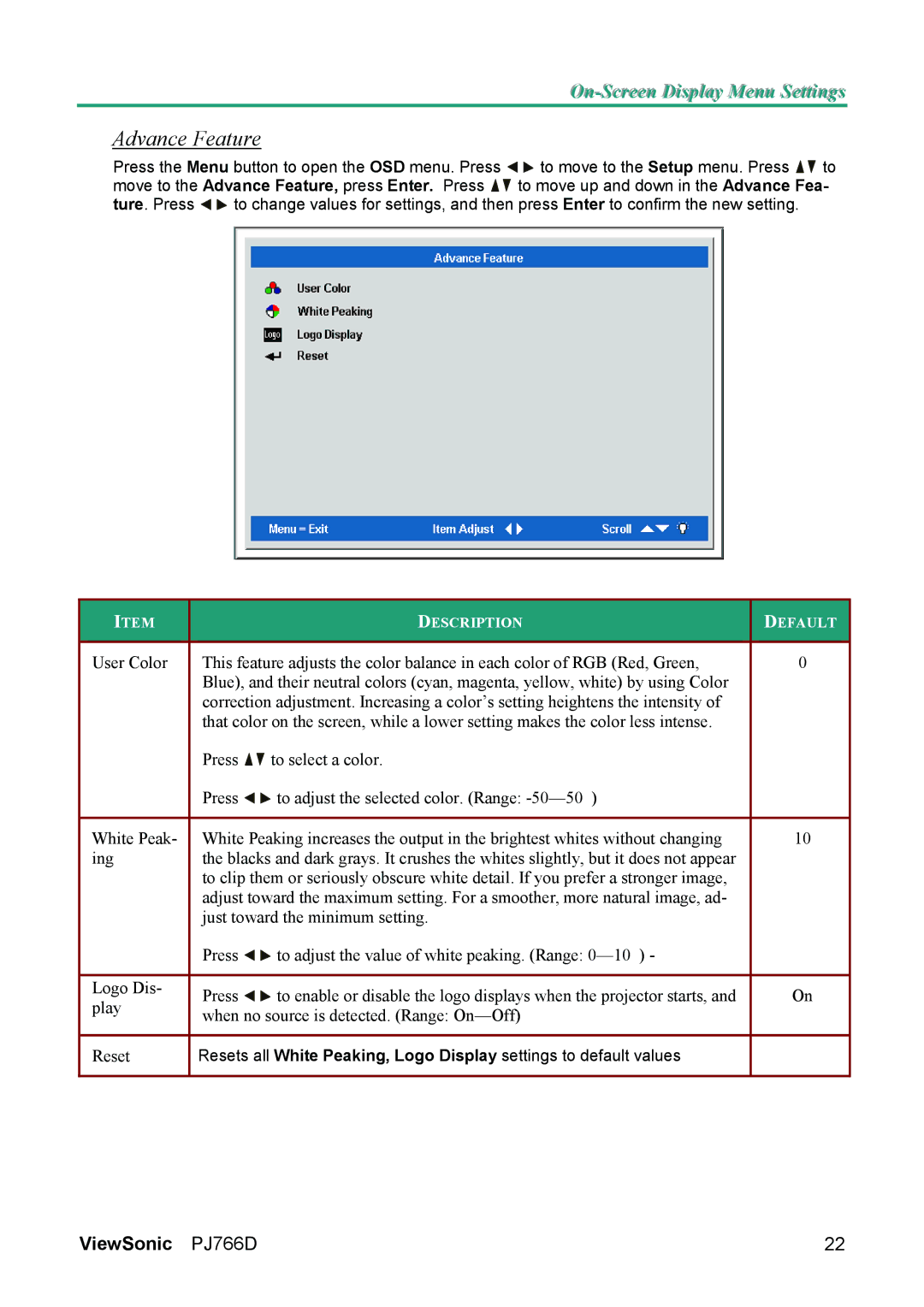 ViewSonic PJ766D-1 manual Advance Feature 