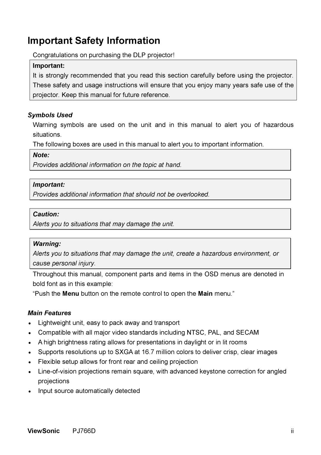 ViewSonic PJ766D-1 manual Important Safety Information 