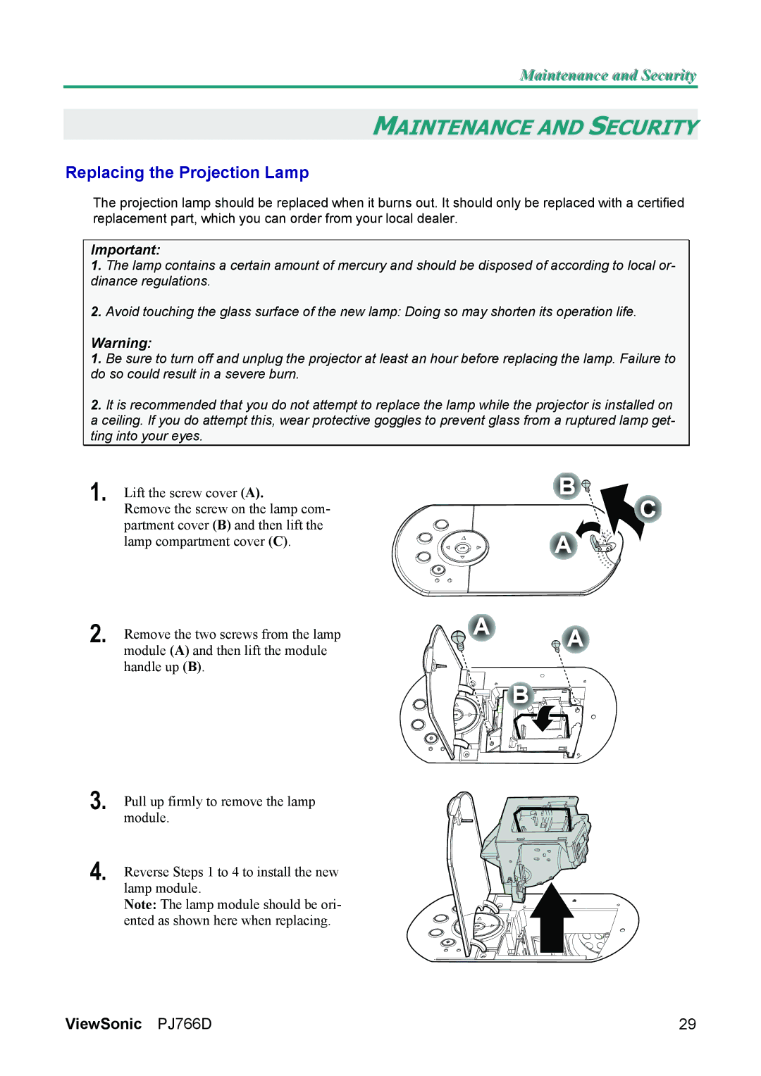 ViewSonic PJ766D-1 manual Maintenance and Security, Replacing the Projection Lamp 