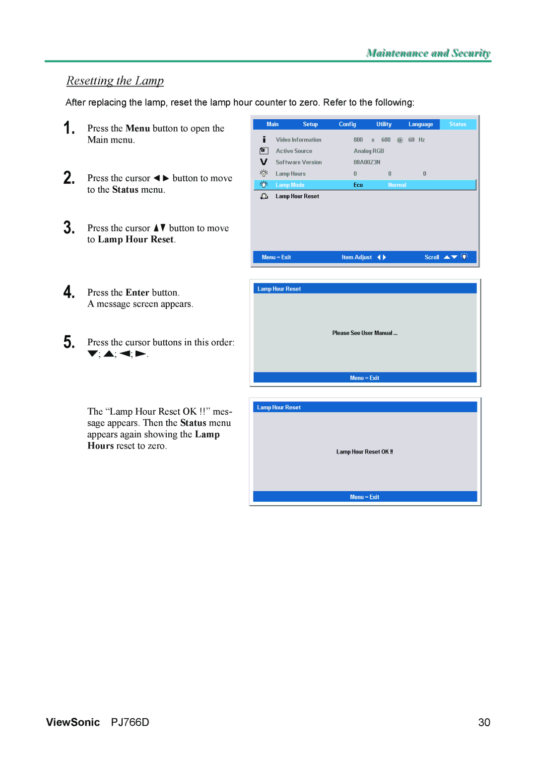 ViewSonic PJ766D-1 manual Resetting the Lamp 