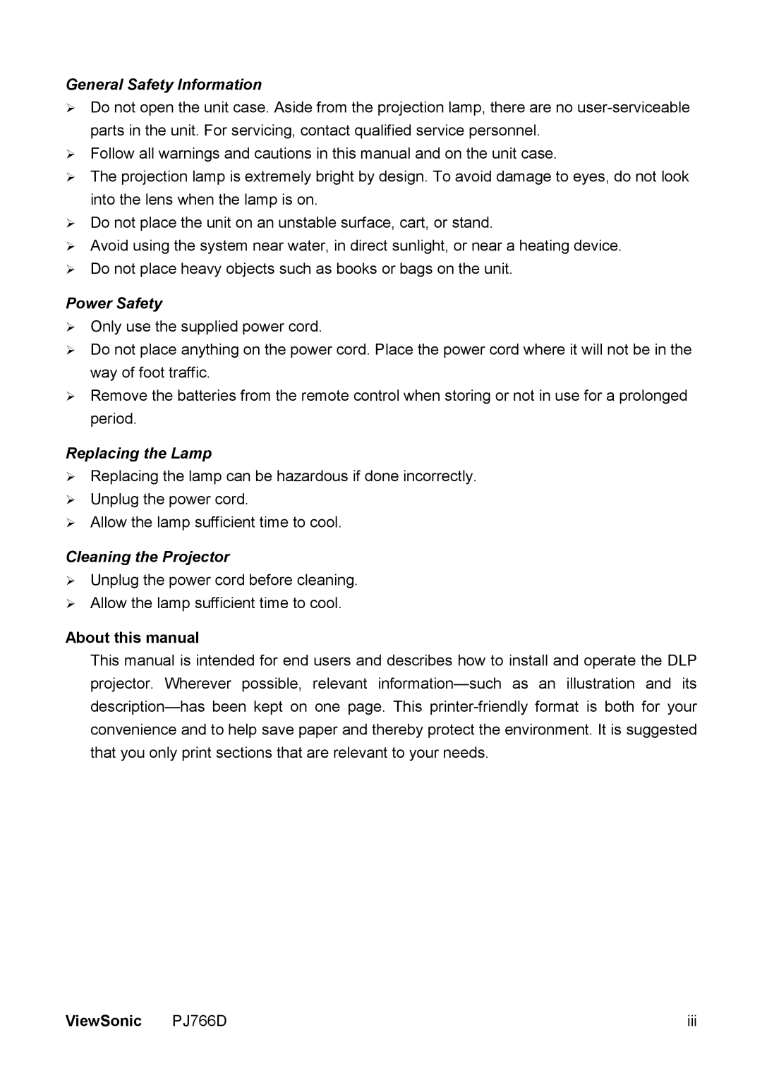 ViewSonic PJ766D-1 manual General Safety Information 