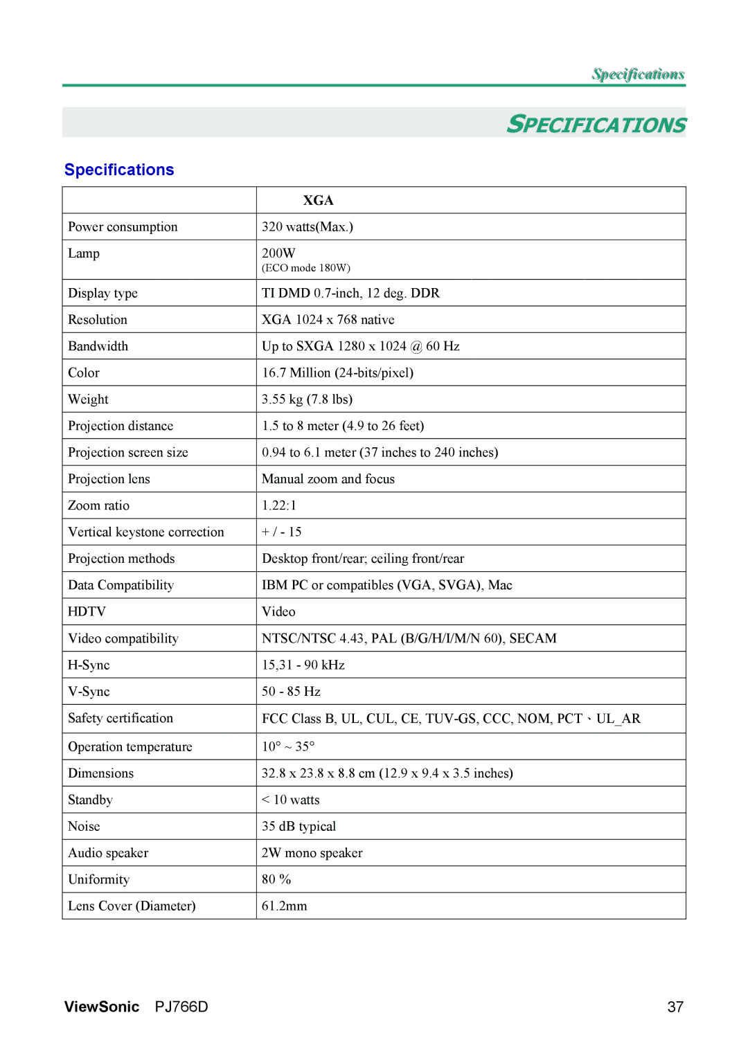 ViewSonic PJ766D-1 manual Specifications 