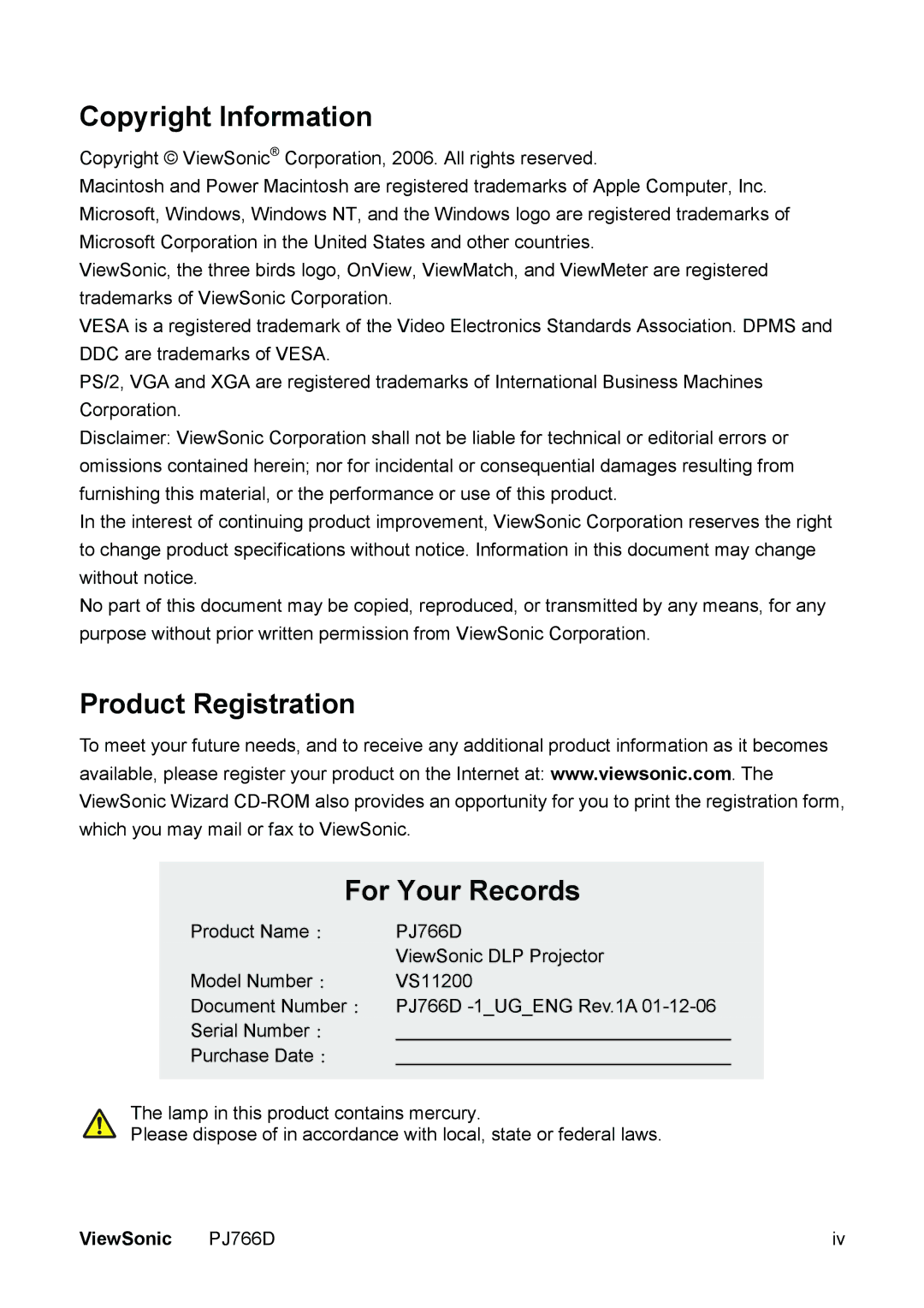 ViewSonic PJ766D-1 manual Copyright Information 