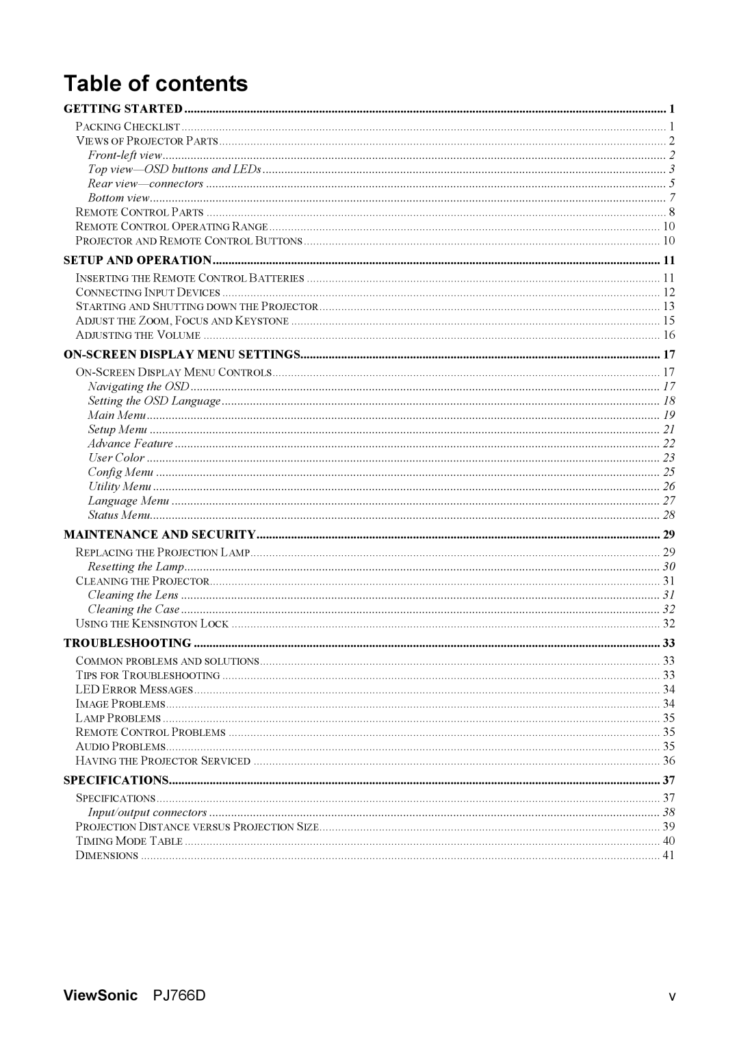 ViewSonic PJ766D-1 manual Table of contents 