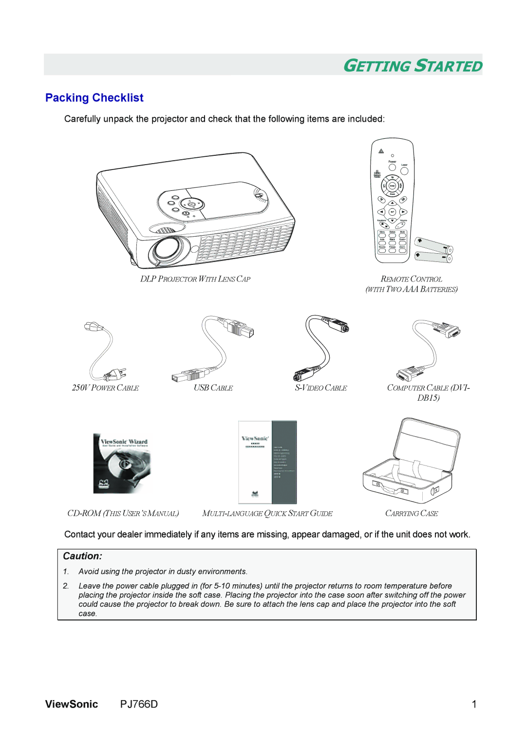 ViewSonic PJ766D-1 manual Getting Started, Packing Checklist 