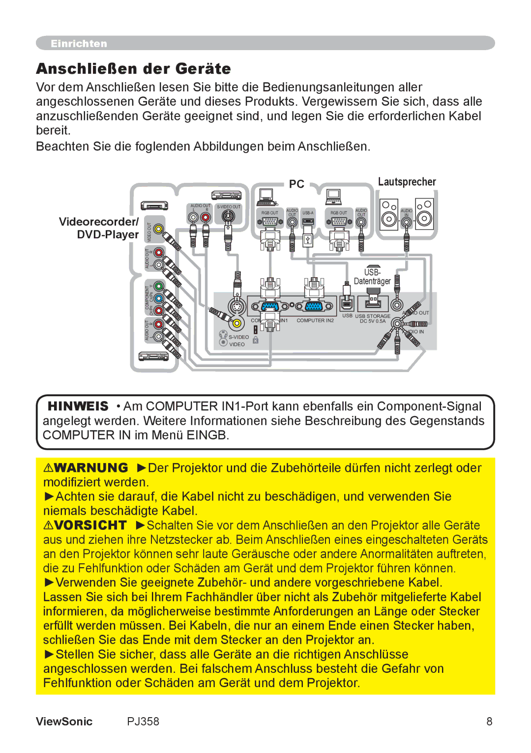 ViewSonic PJ860 manual Anschließen der Geräte, Videorecorder/ DVD-Player 