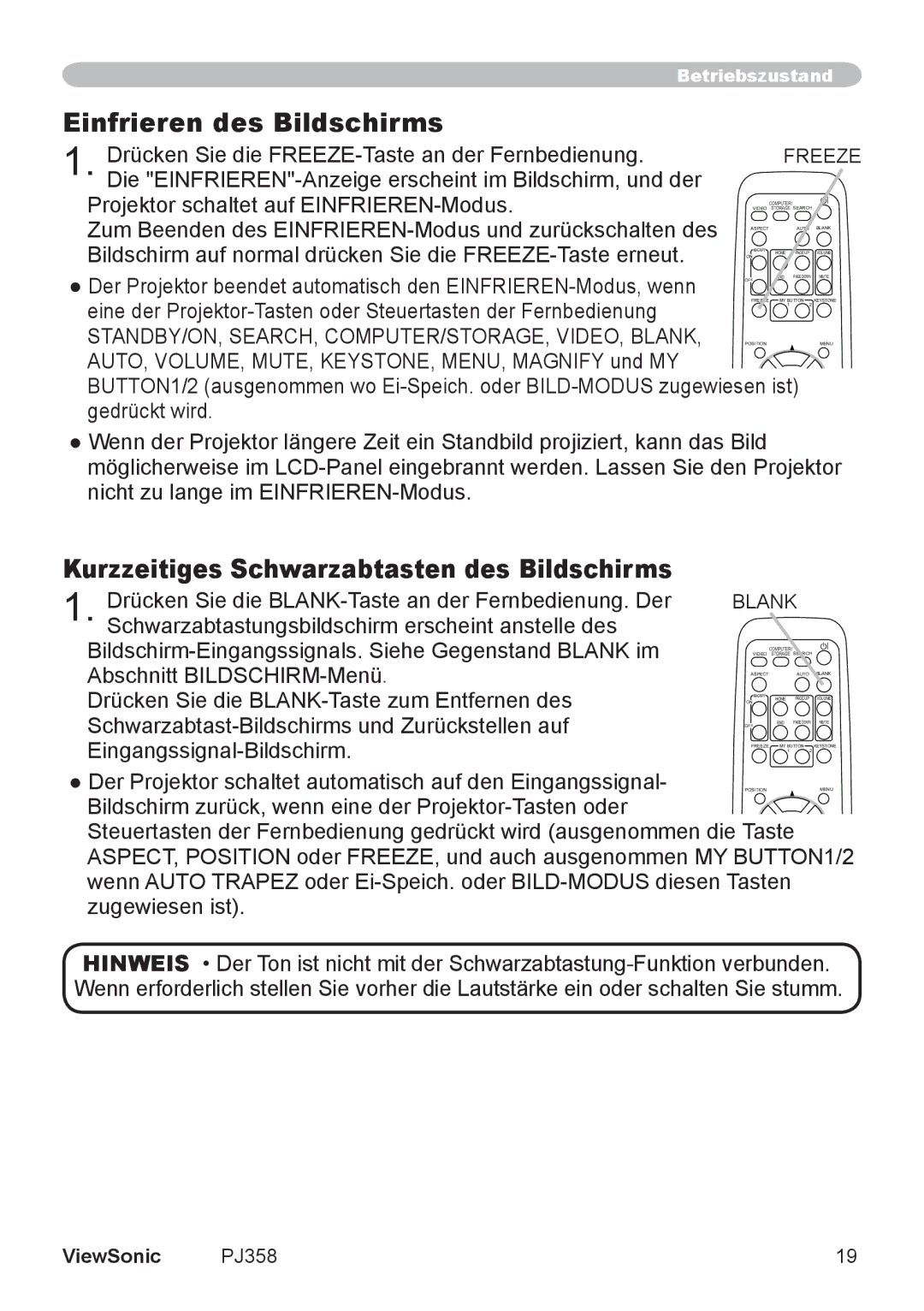 ViewSonic PJ860 manual Einfrieren des Bildschirms, AUTO, VOLUME, MUTE, KEYSTONE, MENU, Magnify und MY 