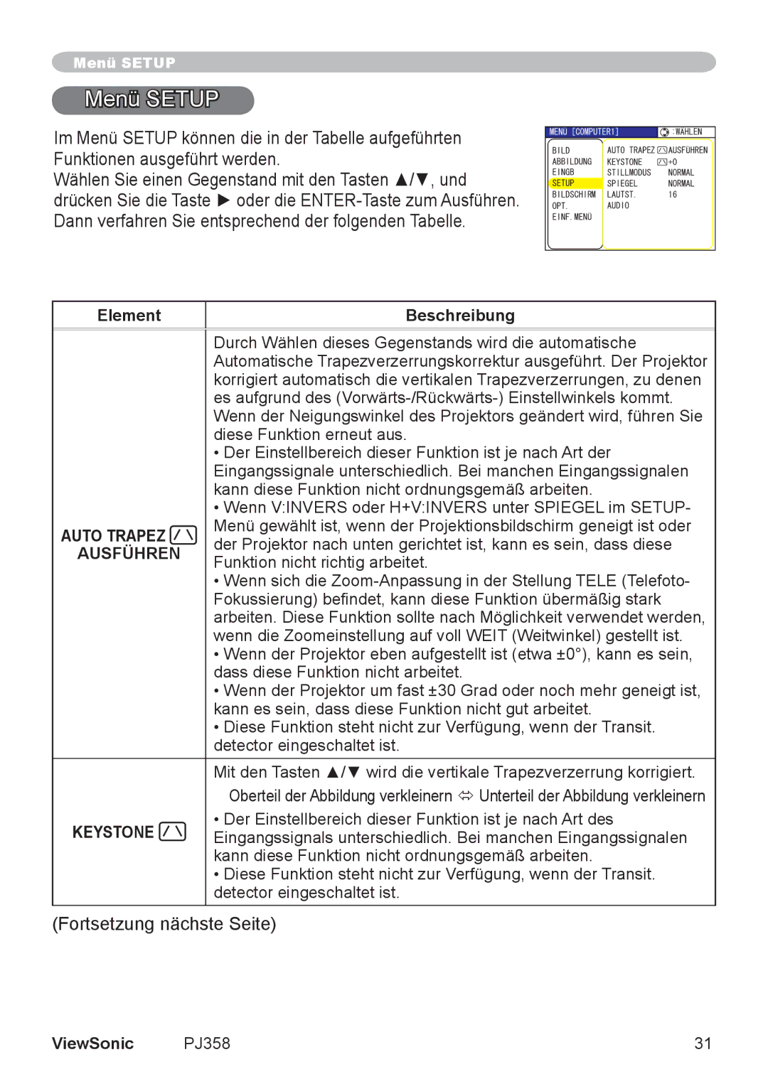 ViewSonic PJ860 manual Menü Setup 