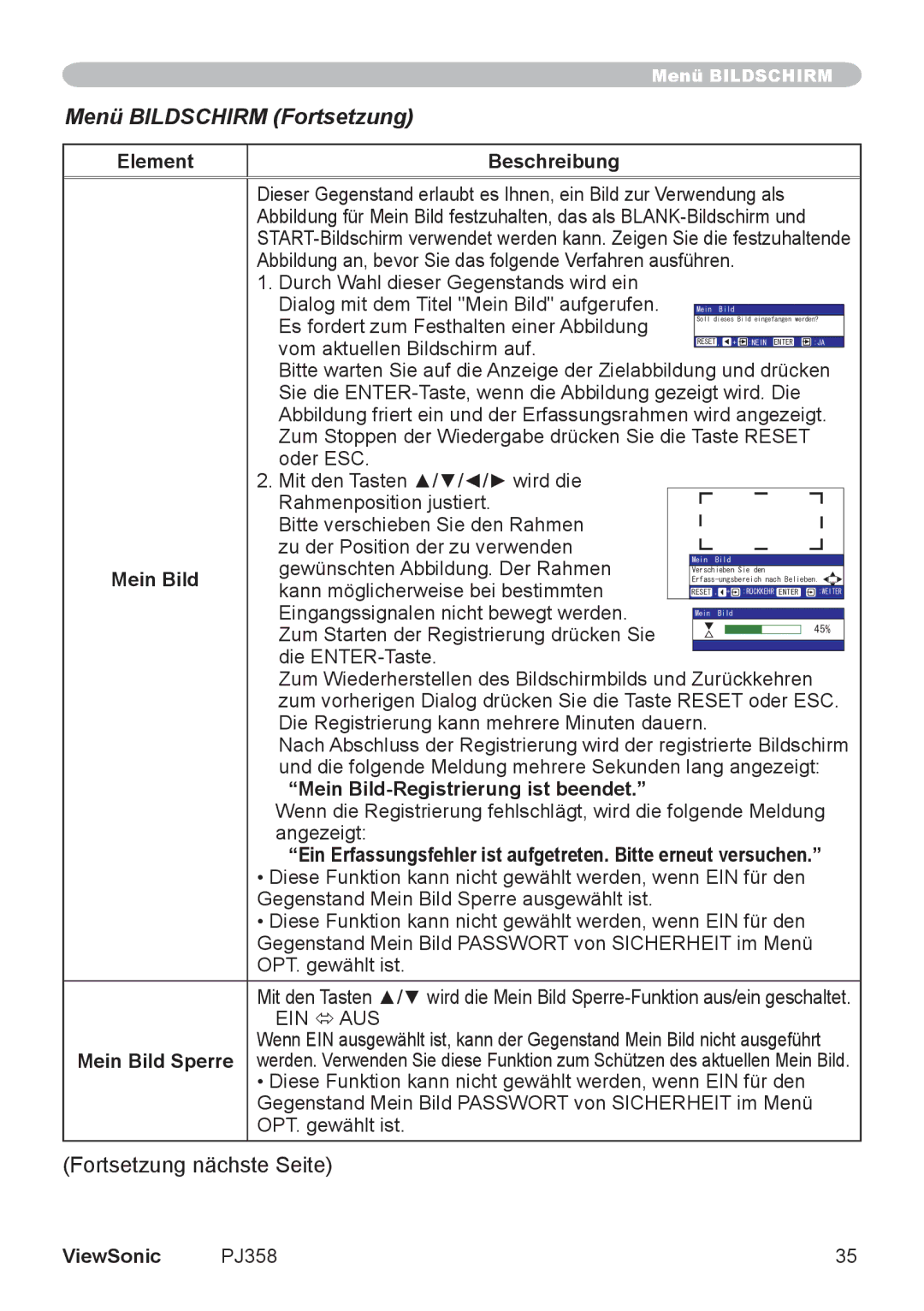 ViewSonic PJ860 manual Mein Bild-Registrierung ist beendet, Mein Bild Sperre 