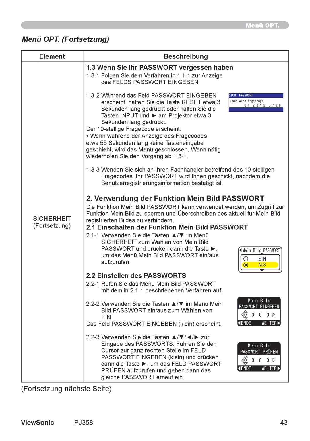 ViewSonic PJ860 Verwendung der Funktion Mein Bild Passwort, Element Beschreibung Wenn Sie Ihr Passwort vergessen haben 